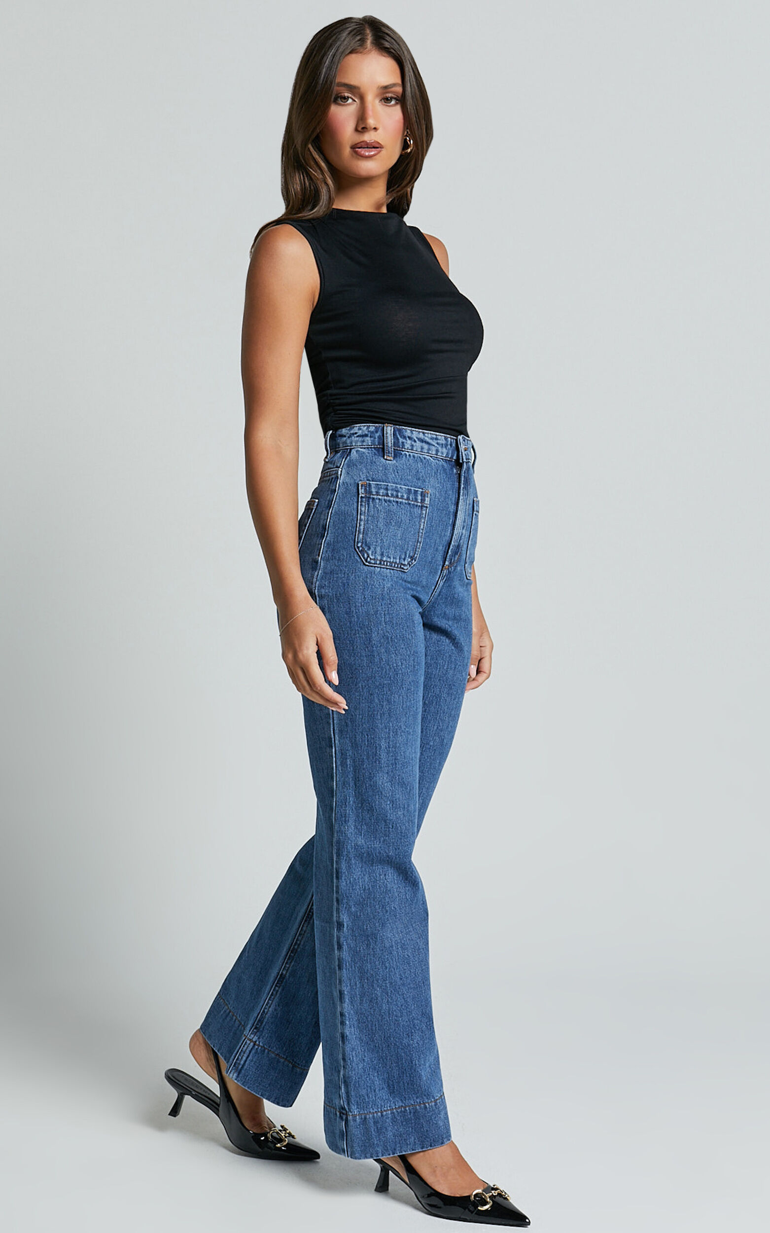 Vancouver Jeans - High Waist Straight Leg Patch Pocket Denim Jeans in Mid Blue Wash