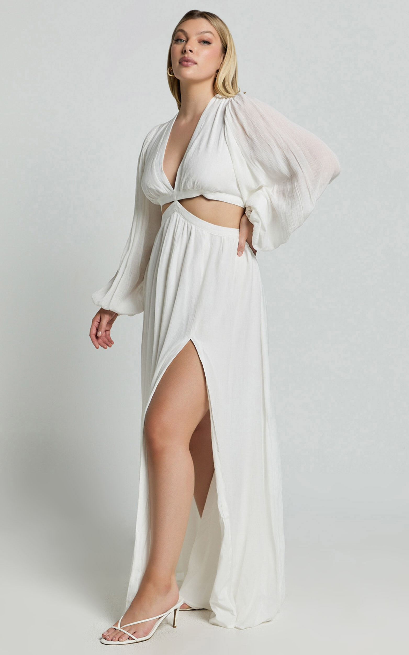 Paige Maxi Dress - Side Cut Out Balloon Sleeve Dress in White