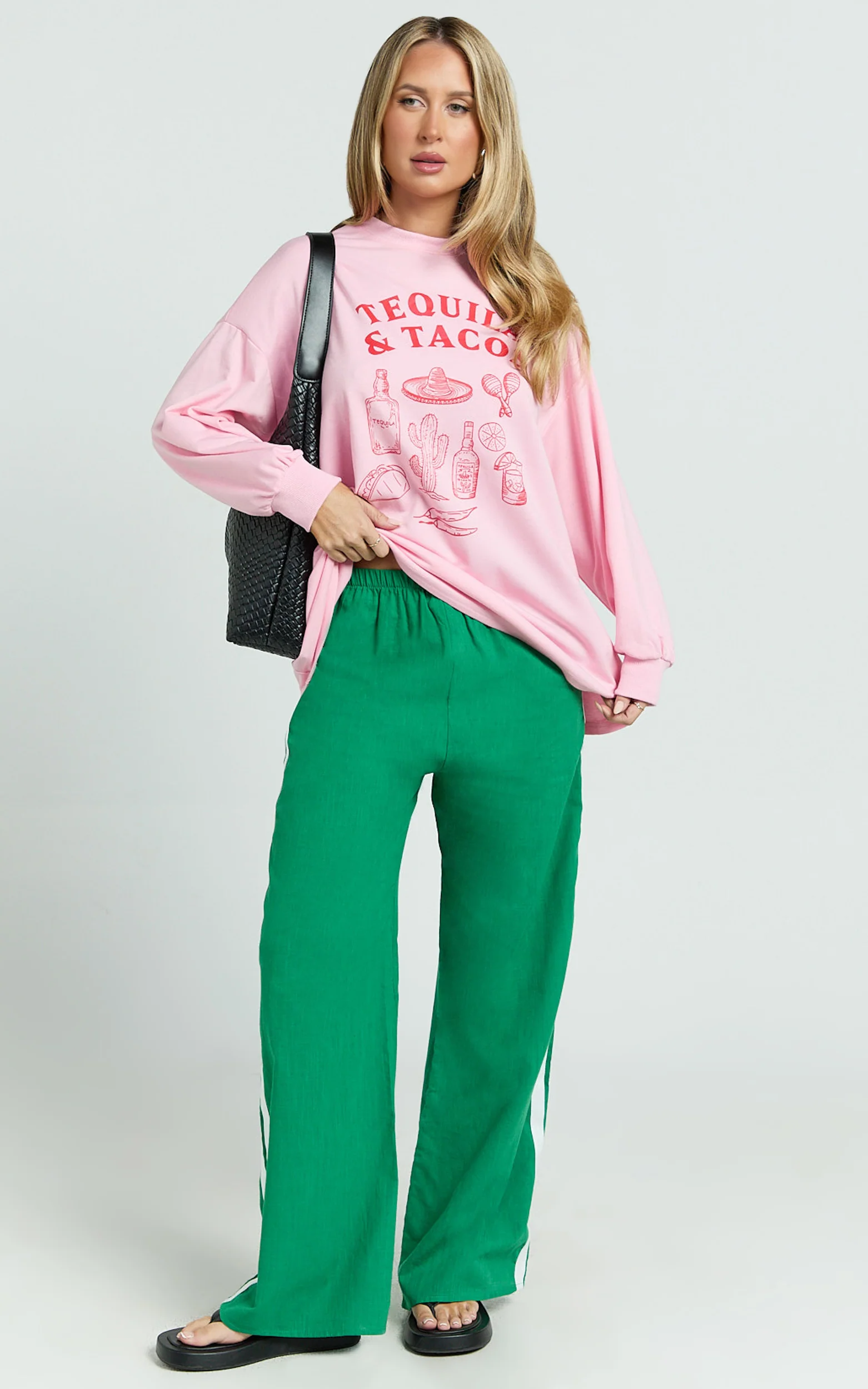 Aina Two Piece Set - Tequila & Tacos Long Sleeve Tee and Pants Set in Pink / Green