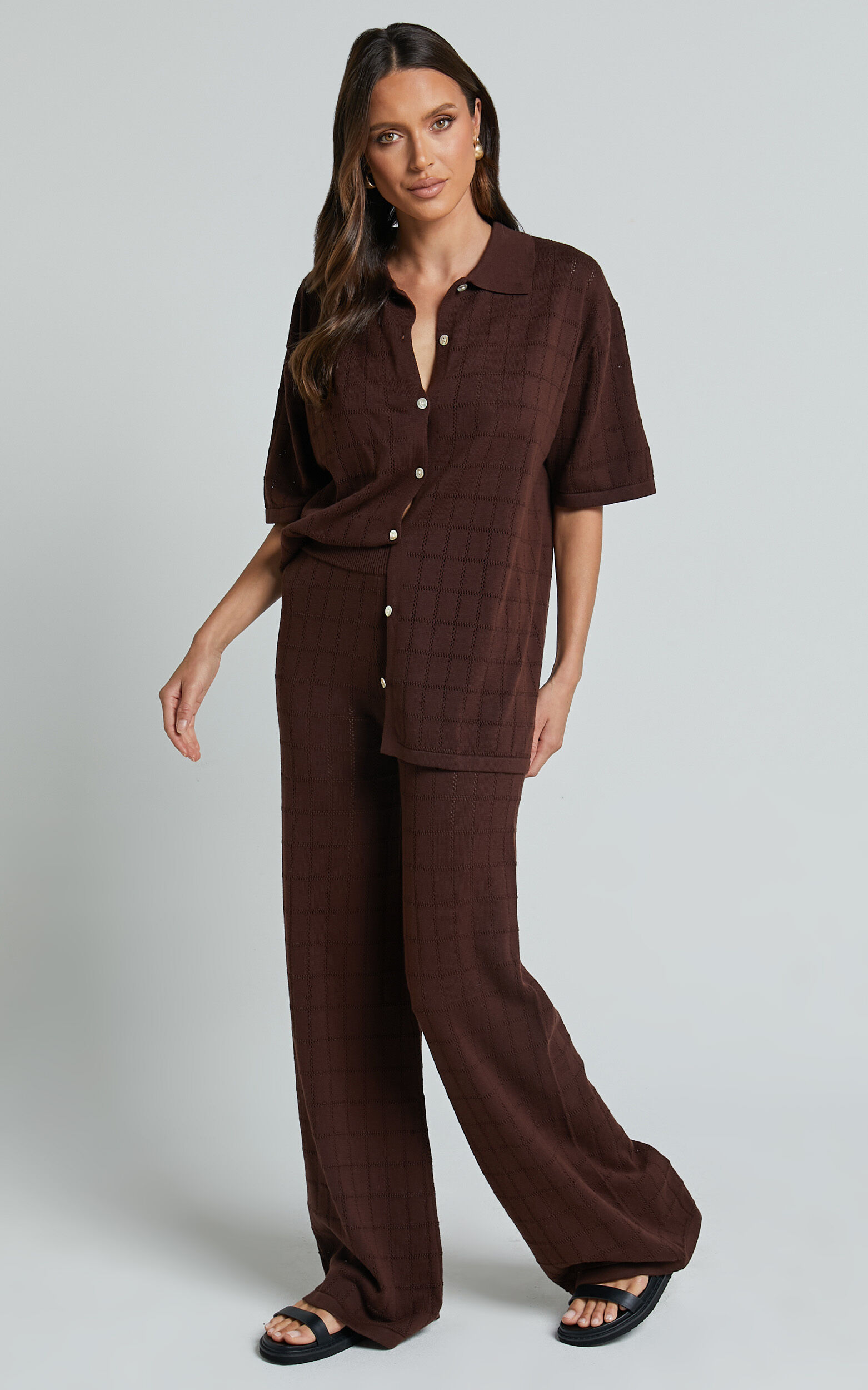 Tommy Two Piece Set - Knit Button Through Top and Pants Two Piece Set in Chocolate
