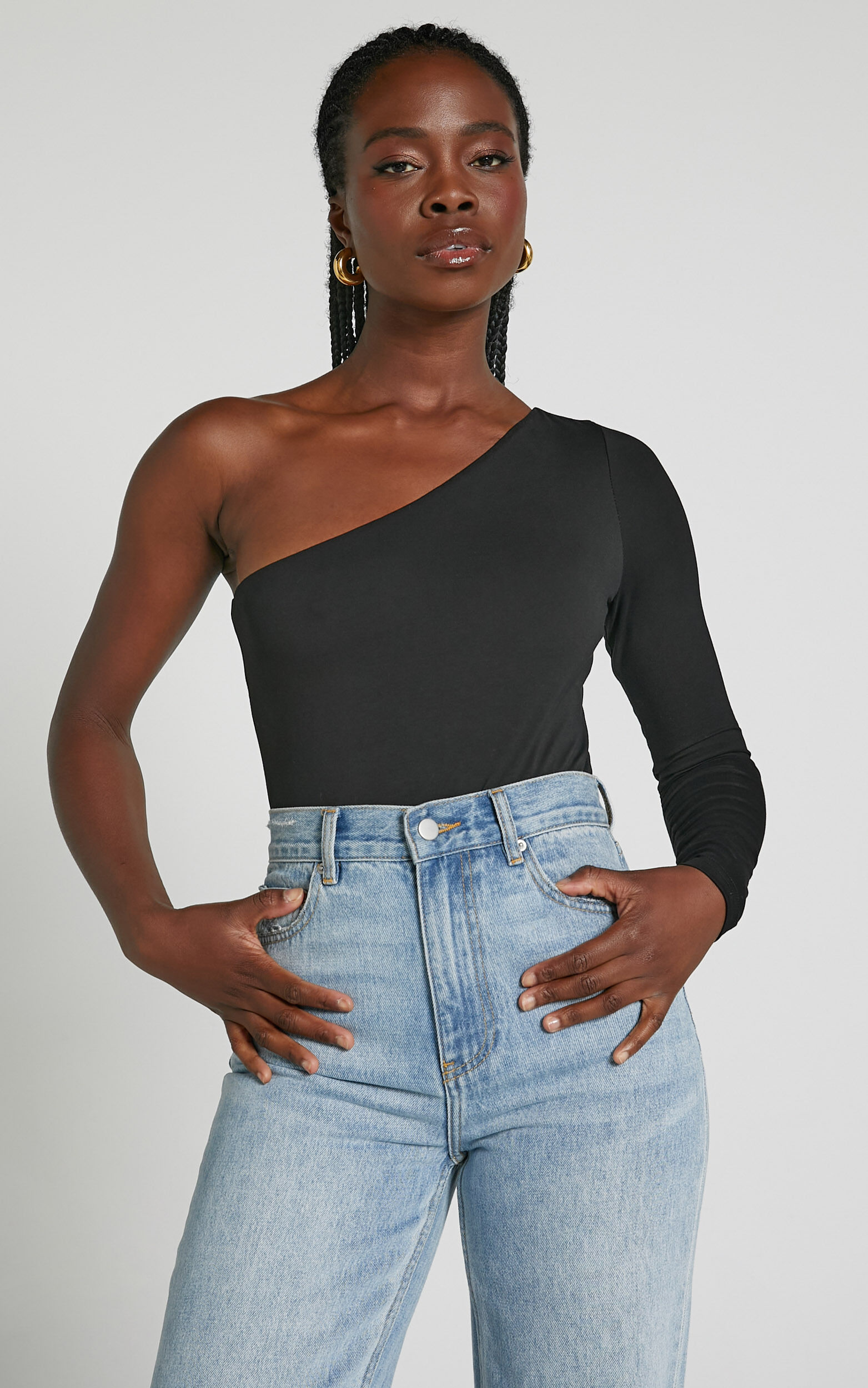 Khanley Bodysuit - One Shoulder Long Sleeve Bodysuit in Black