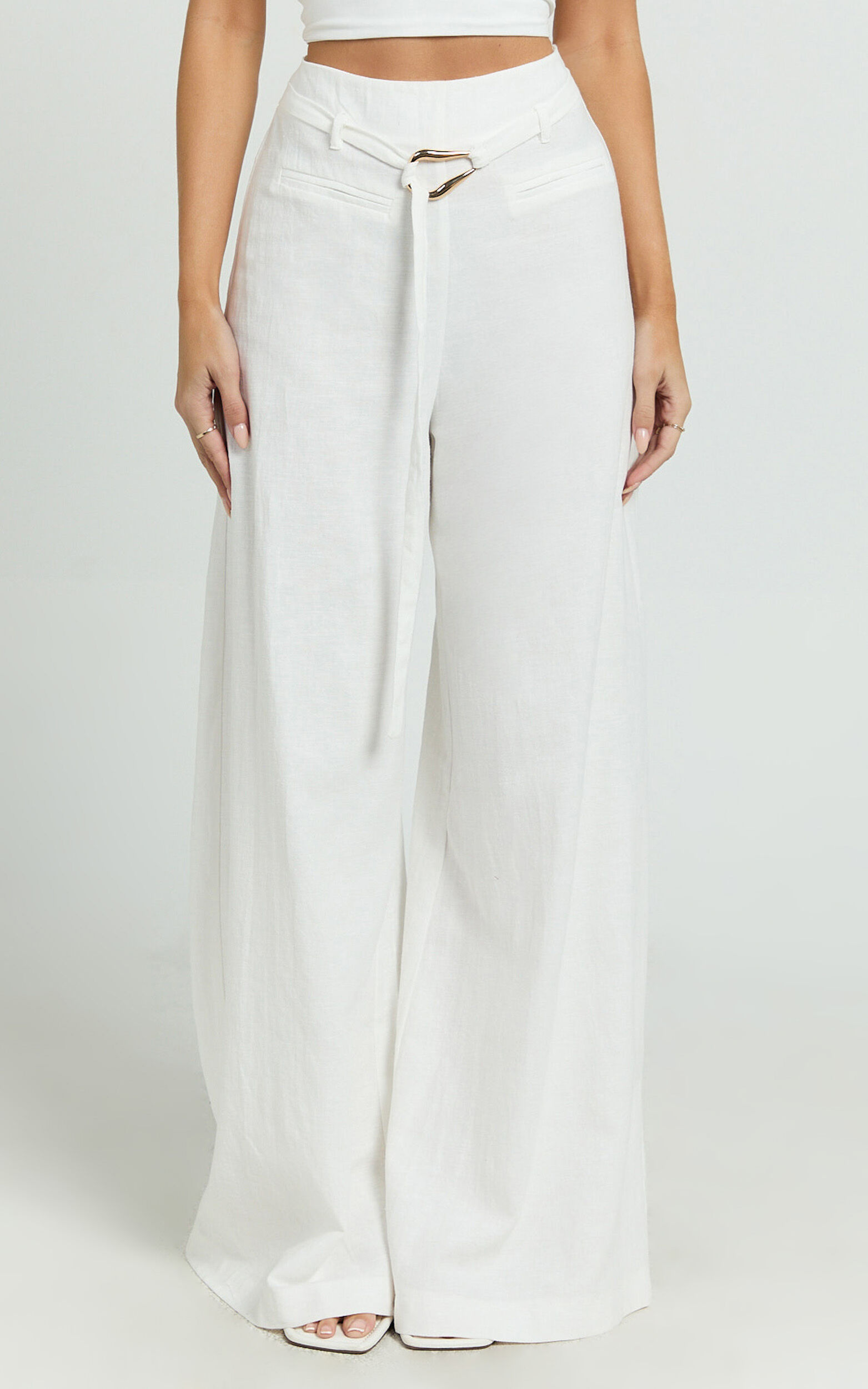 Kyra Pants - Linen Look Belted Wide Leg Pants in White