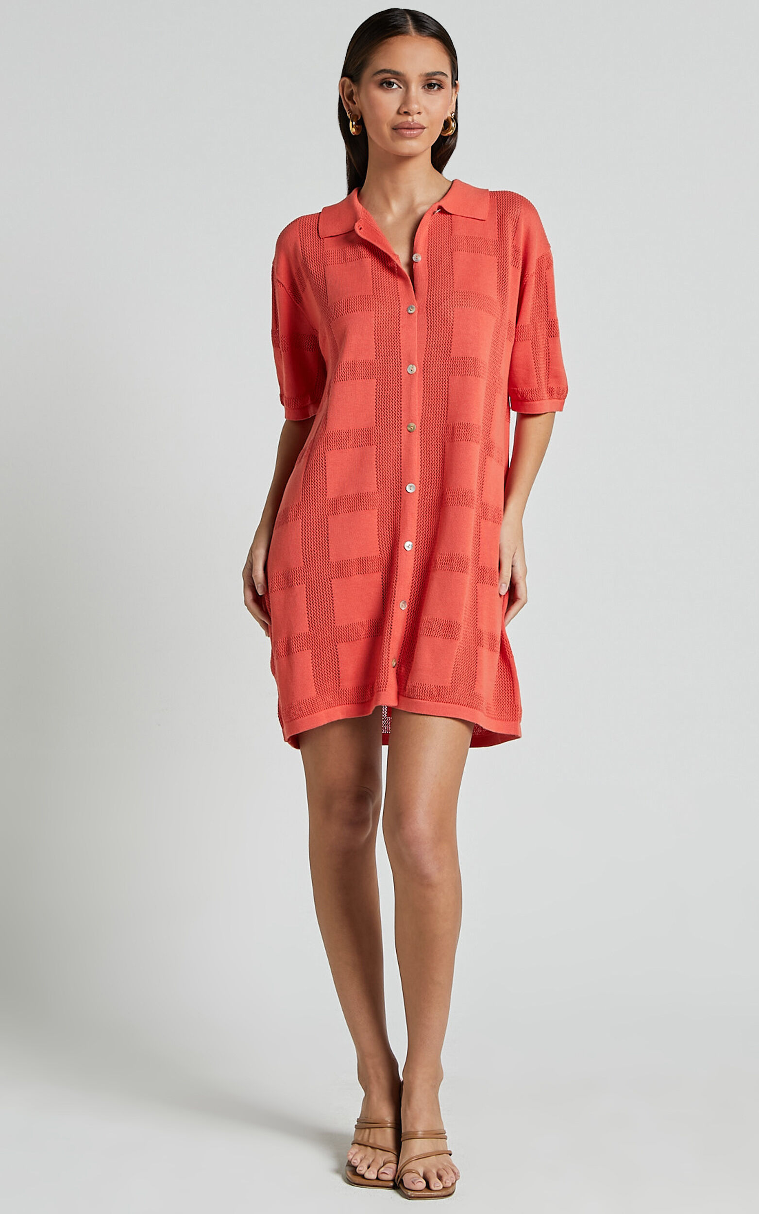 Tully Mini Dress - Knitted Button Through Shift Dress in Coral