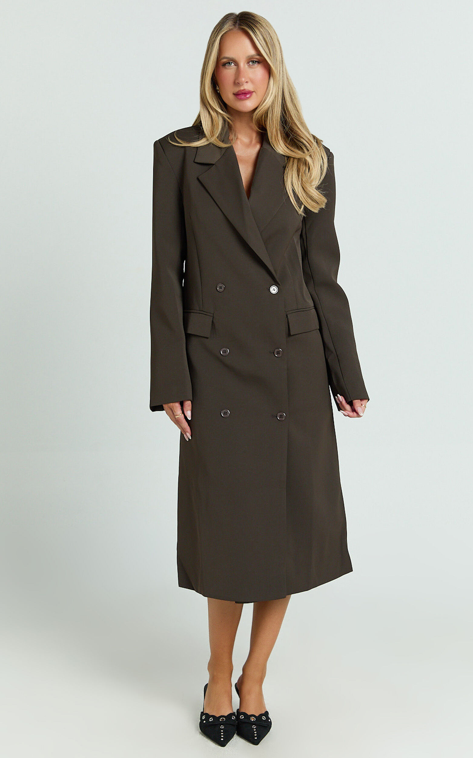 Lorena Coat - Double Breasted Longline Jacket in Dark Brown