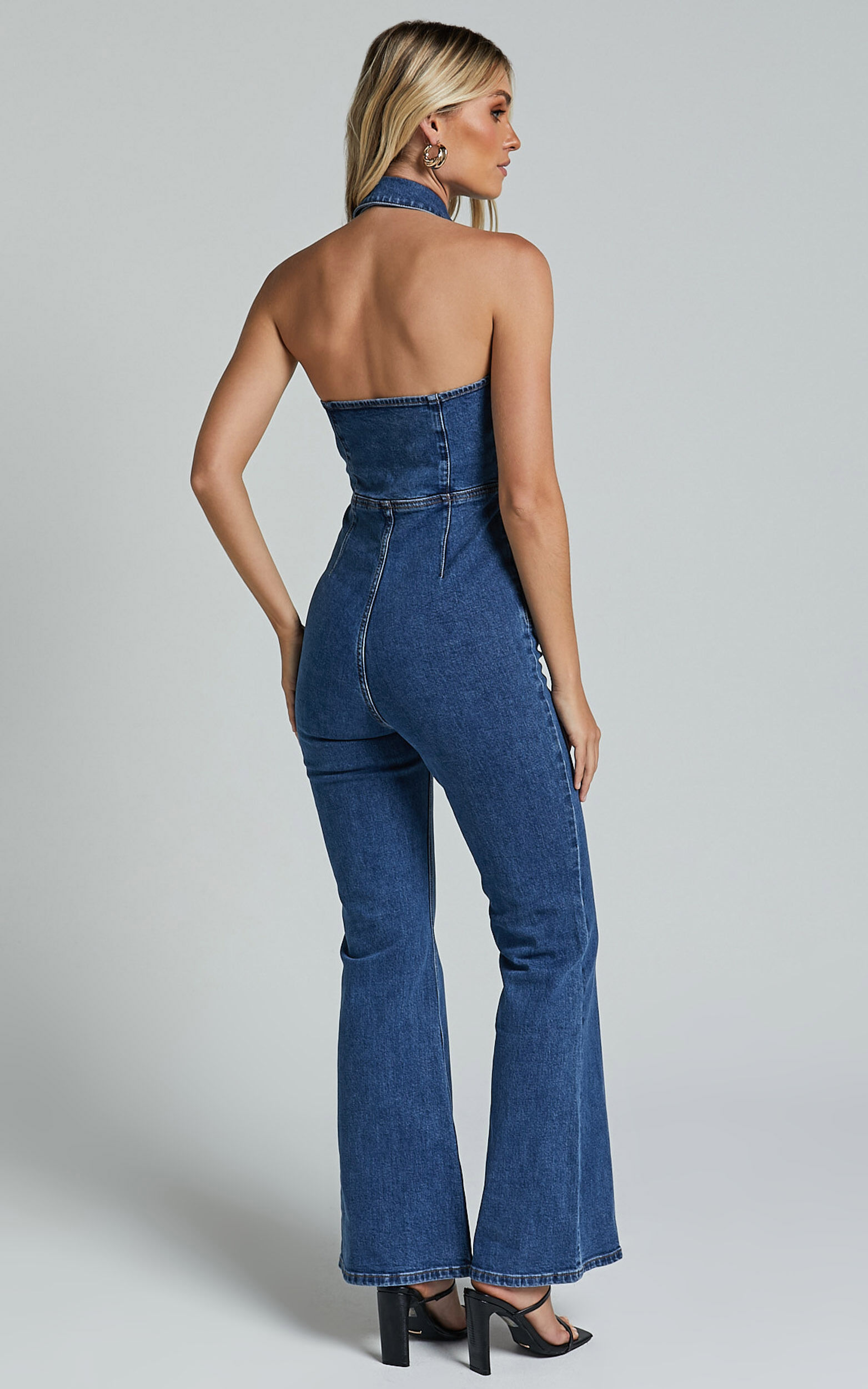 Casidy Jumpsuit - Zip Front Collared Halter Neck Denim in Mid Blue Wash