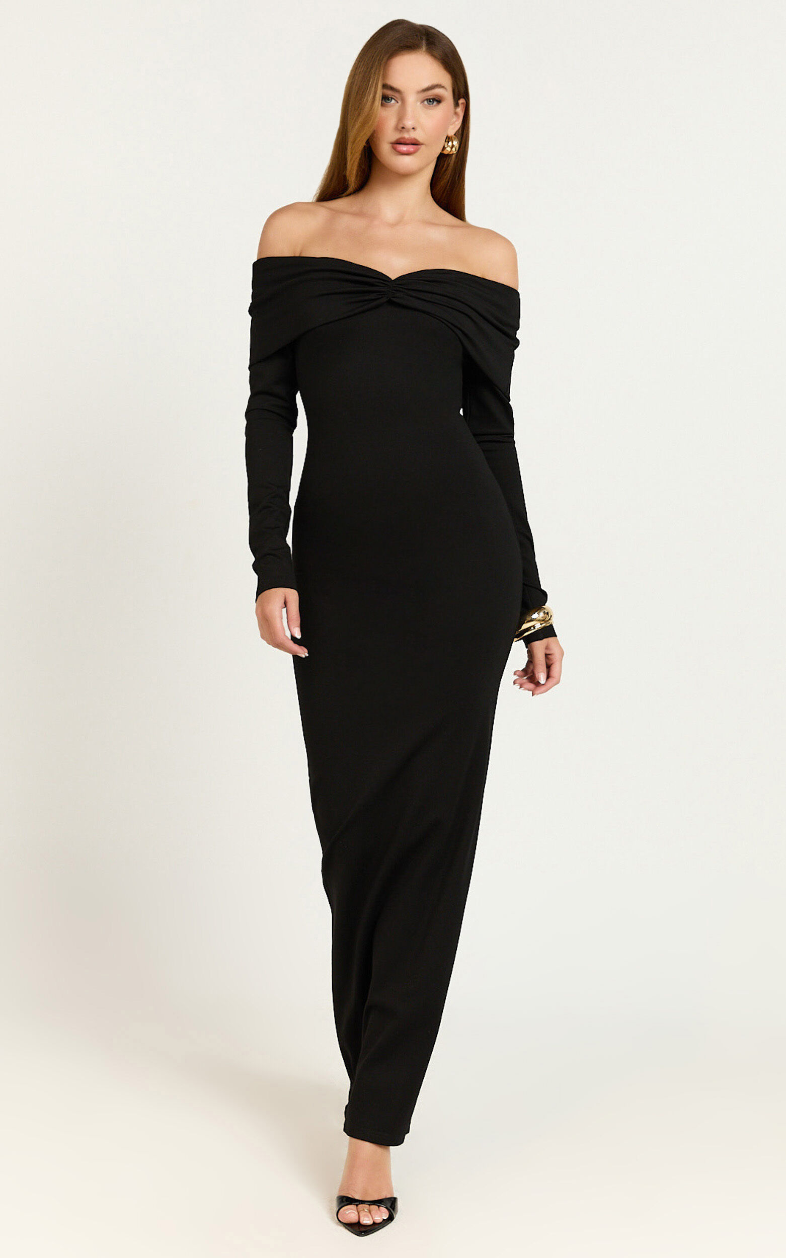 Rani Maxi Dress - Off Shoulder Long Sleeve Bodycon Dress in Black
