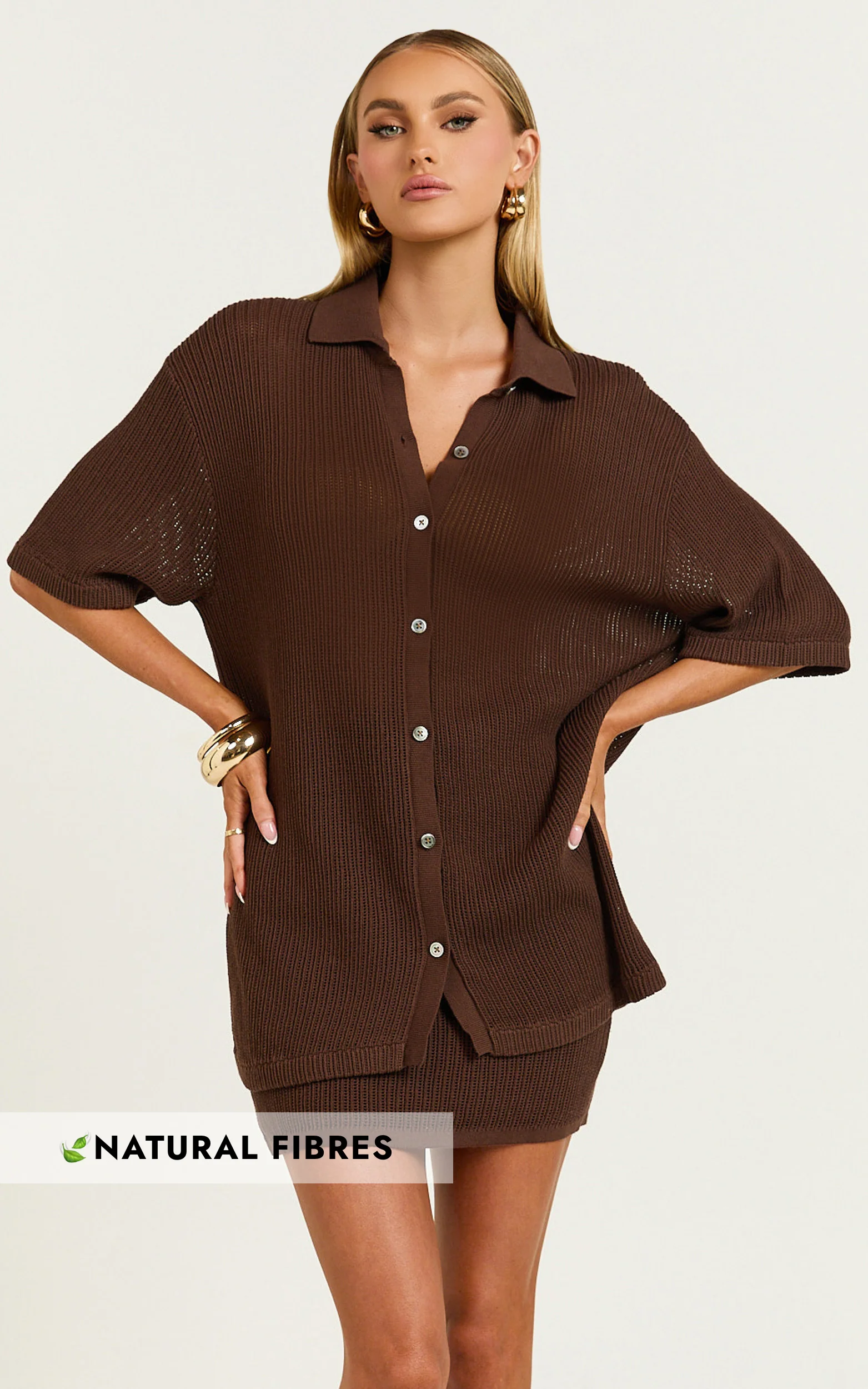 Tristan Top - Crochet Knit Button Through Collared Shirt in Chocolate