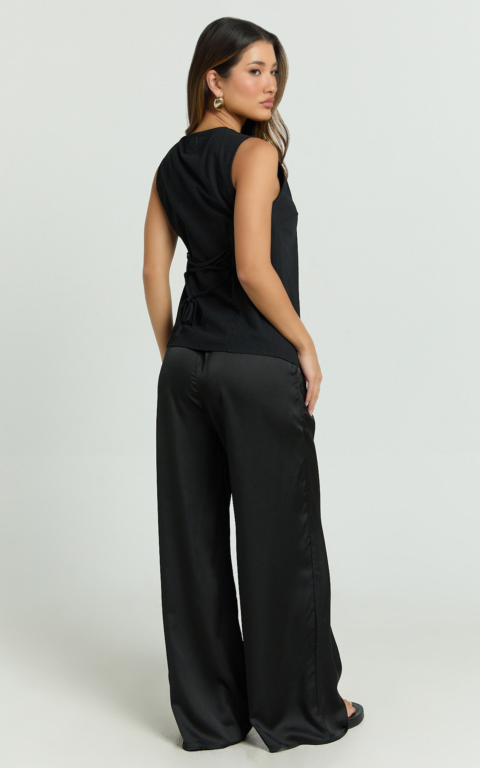 Myrna Two Piece Set - Gold Hardware Waistcoat Top and Relaxed Satin Pants Set in Black