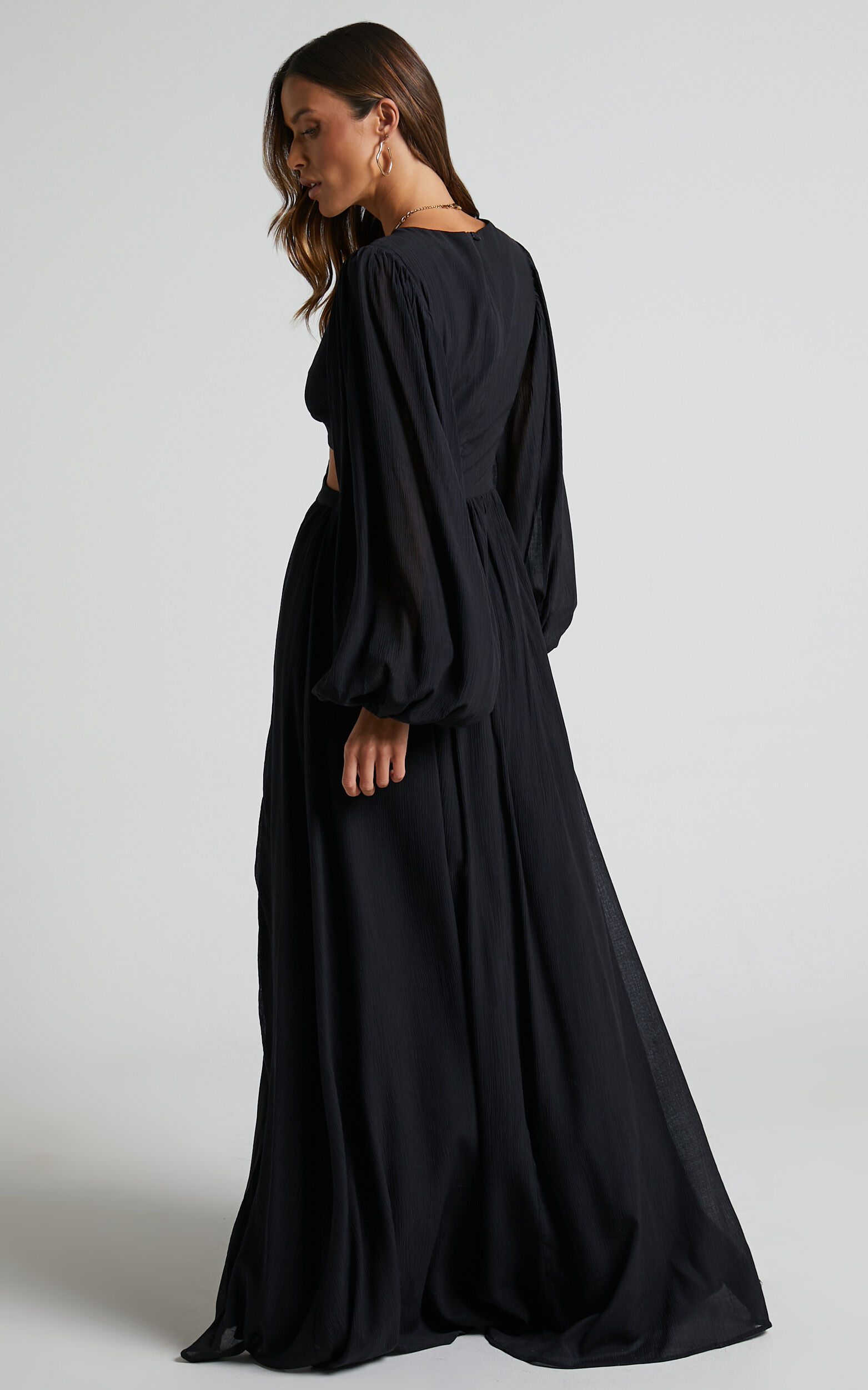 Paige Maxi Dress - Side Cut Out Balloon Sleeve Dress in Black