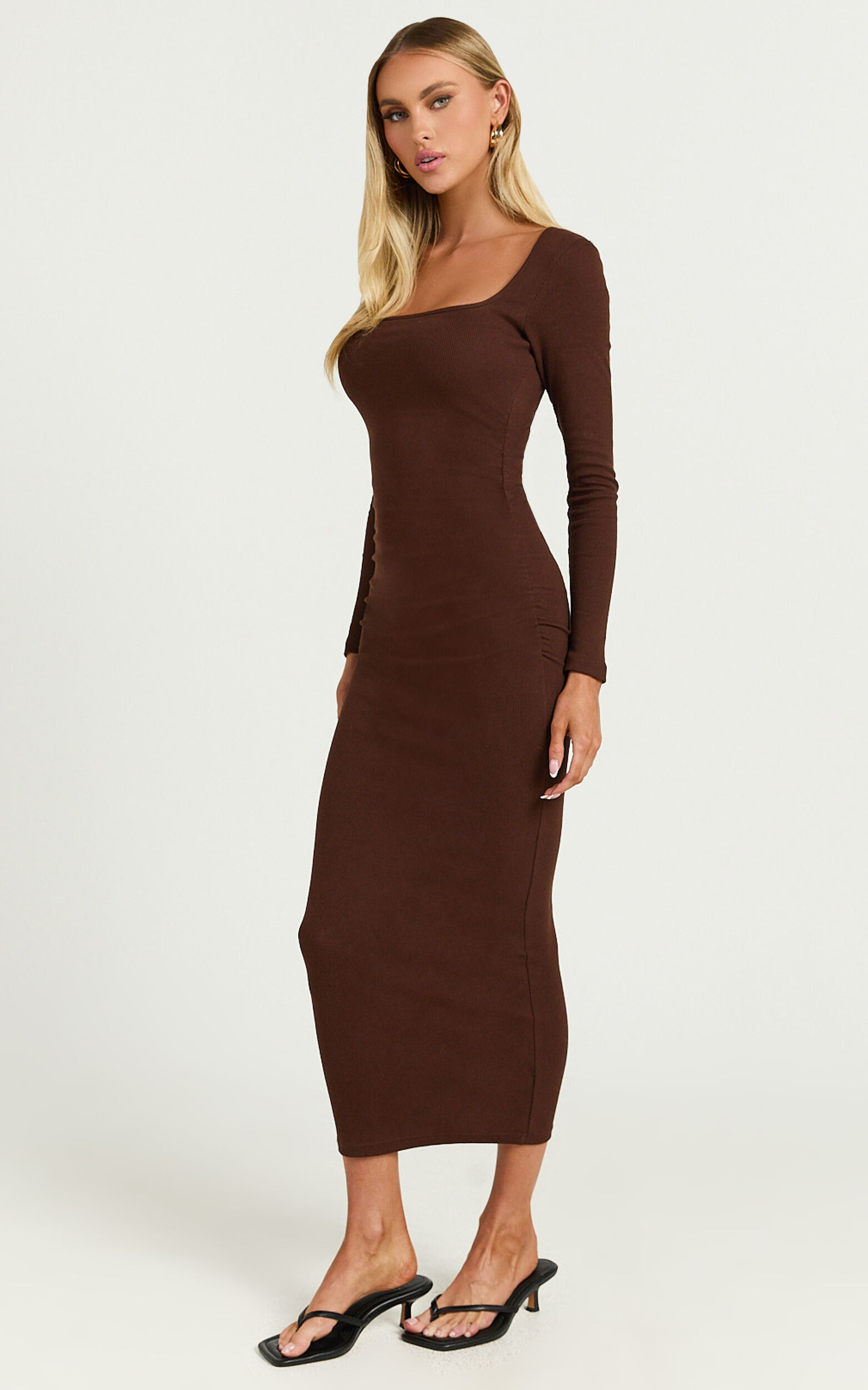Lucy Midi Dress - Ribbed Side Ruched Bodycon Dress in Espresso