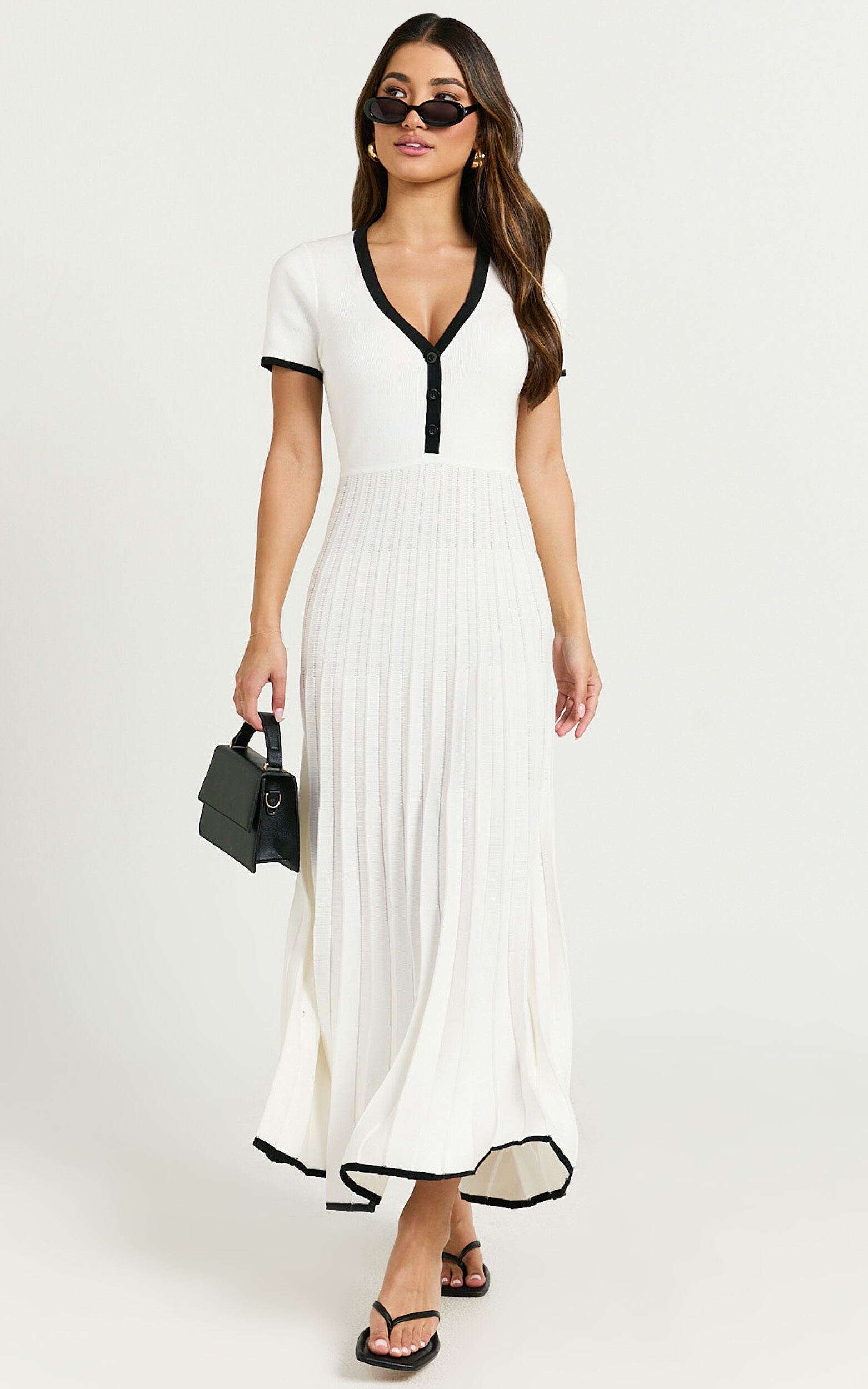 Vivienne Midi Dress - Short Sleeve Pleated Skirt Knitted Dress in Cream