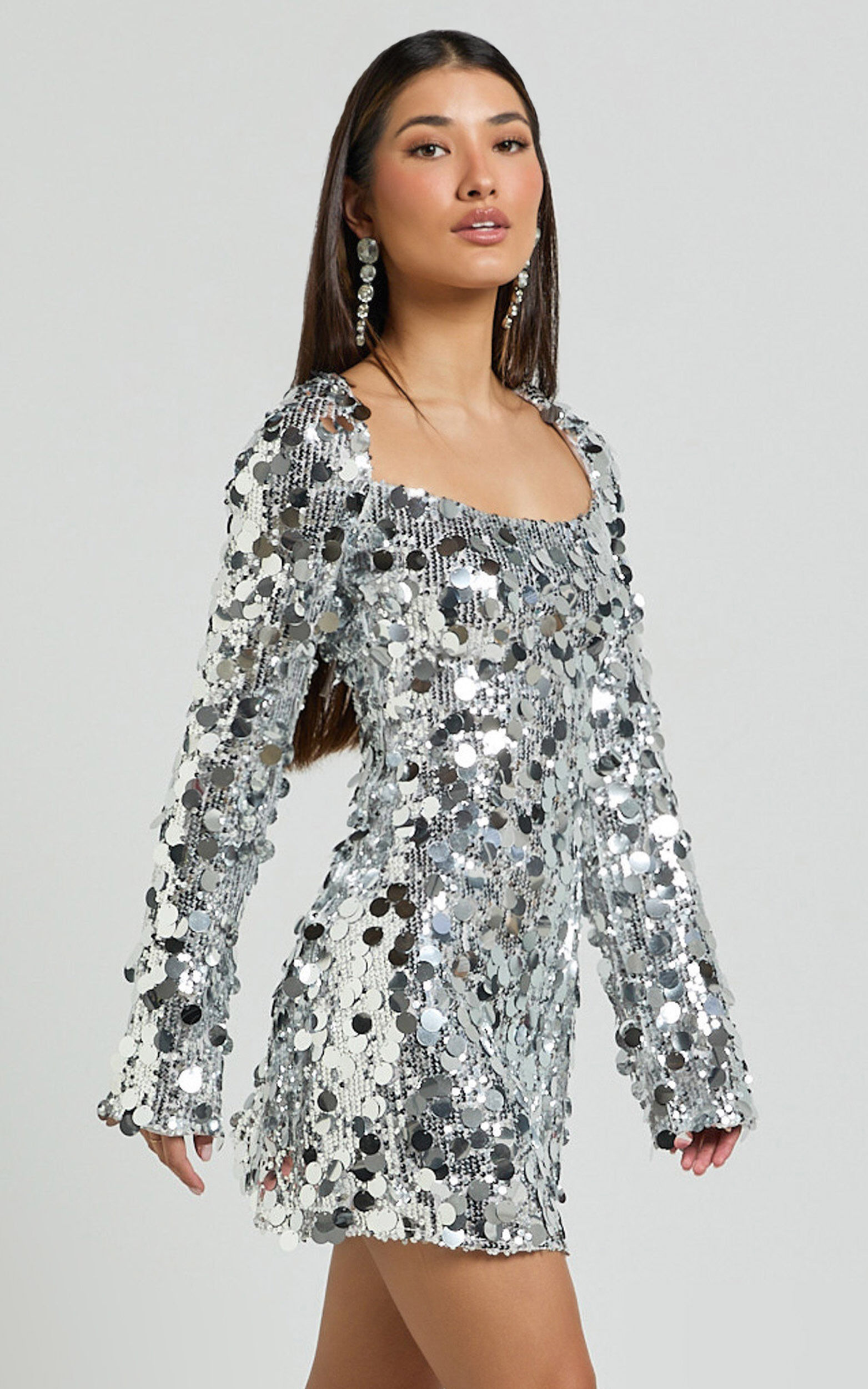 Selena Mini Dress - Flare Sleeve Disc Sequin Dress in Silver