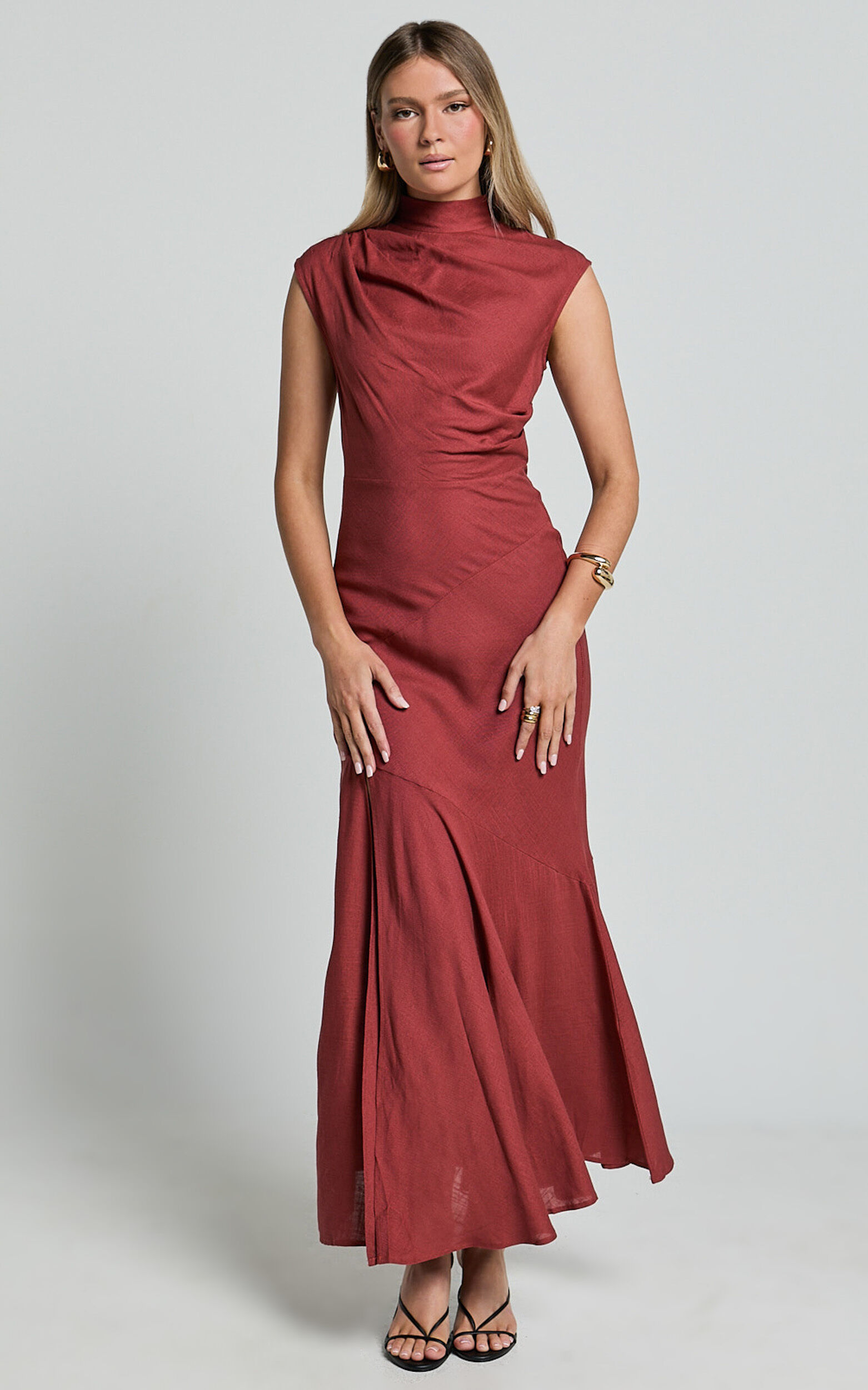 Arielle Maxi Linen Dress - High Neck Thigh Split Slip Dress in Rust