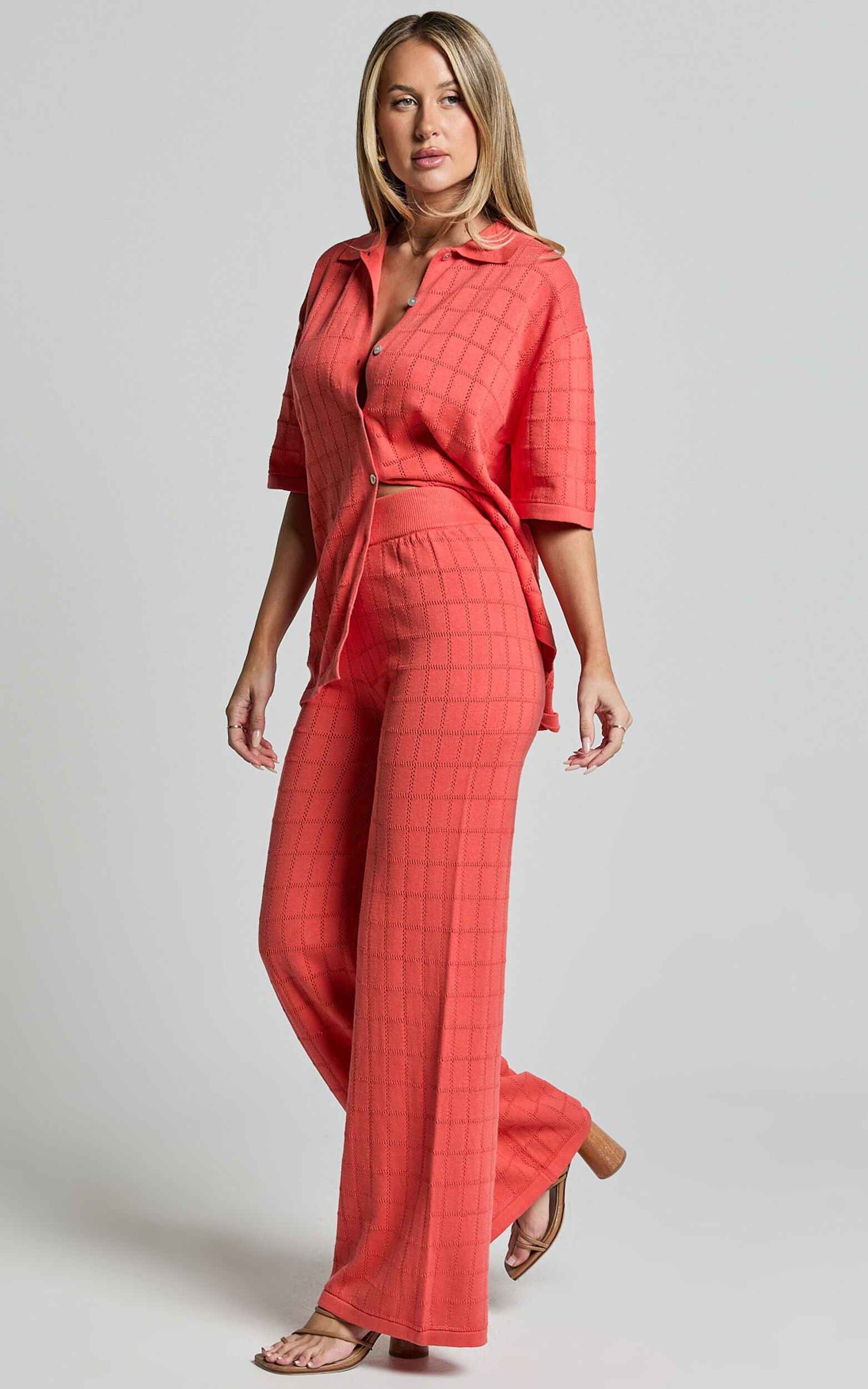 Tommy Two Piece Set - Knit Button Through Top and Pants Two Piece Set in Coral