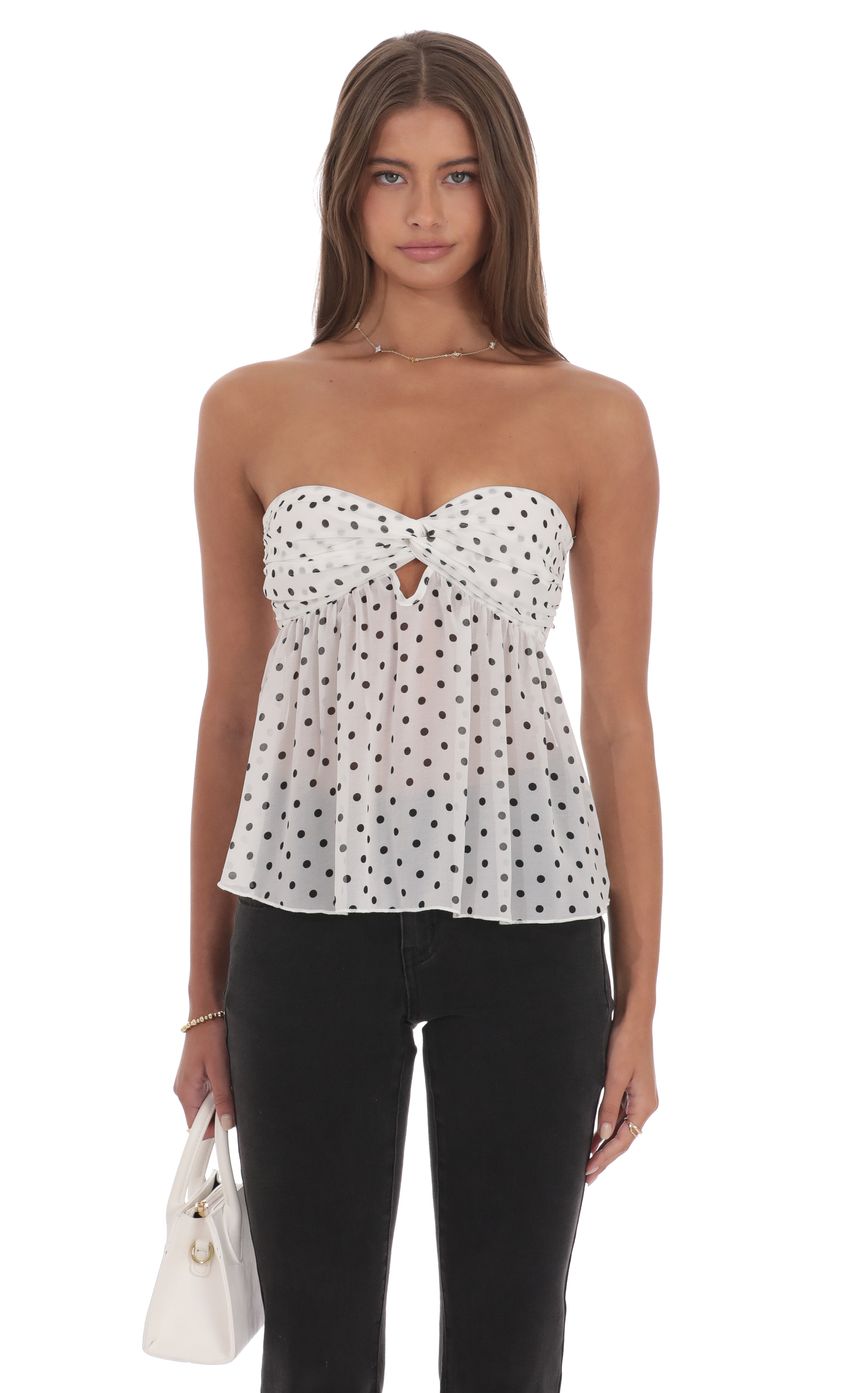 Polka Dot Strapless Babydoll Top in White