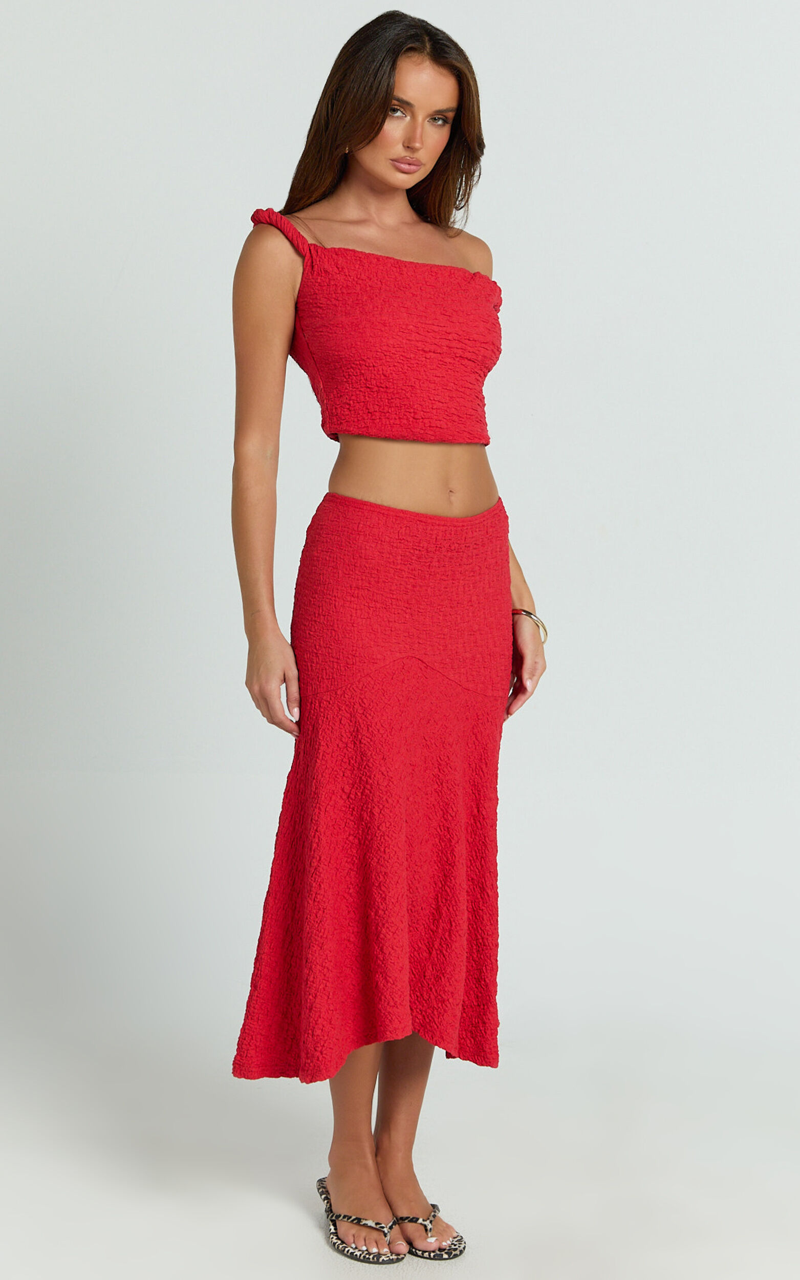 Rowena Two Piece Set - Twist Tip Shoulder Top and Mid Rise Skirt in Deep Red