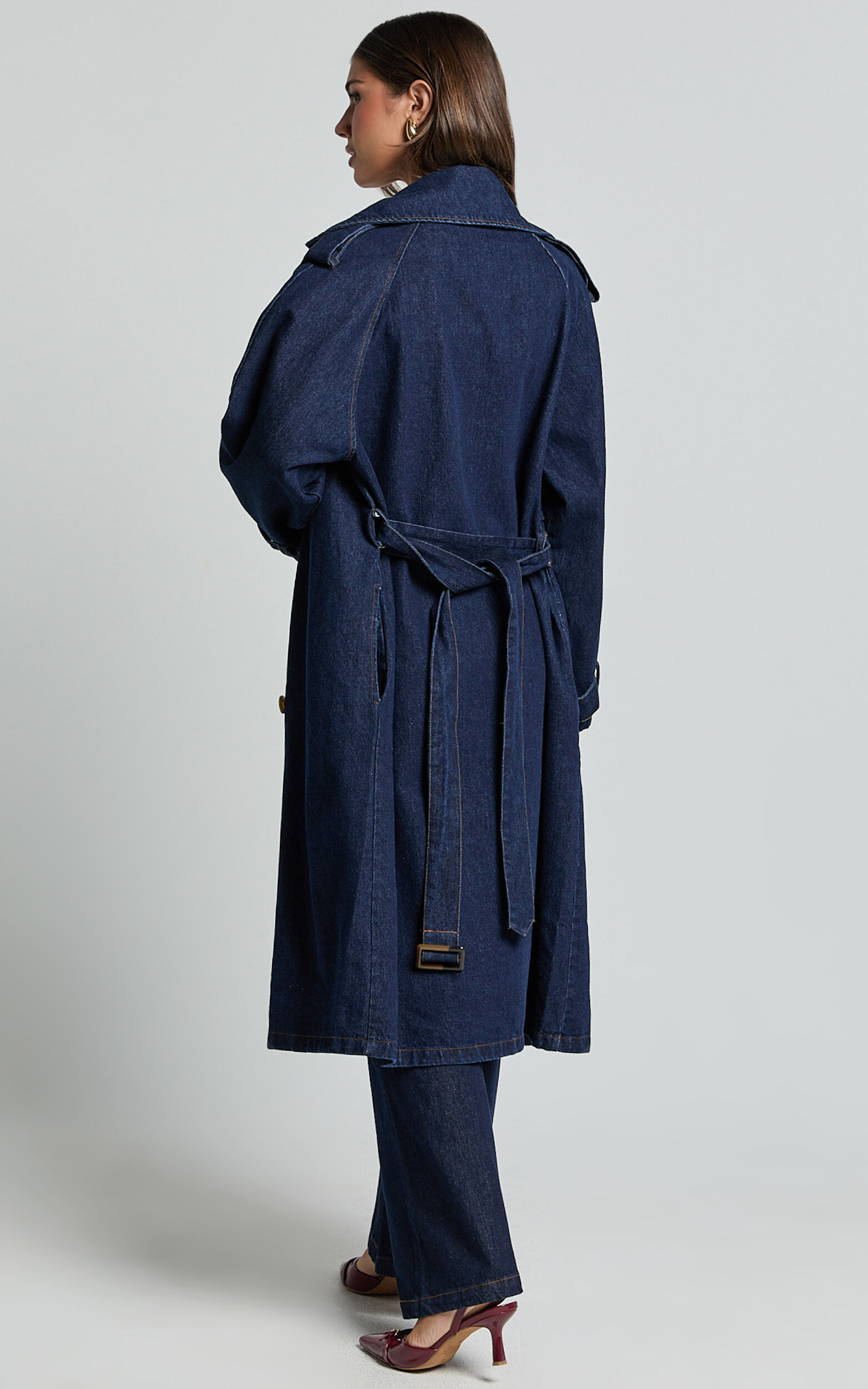 Vinnie Trench Coat - Denim Washed Trench Coat in Dark Blue Wash