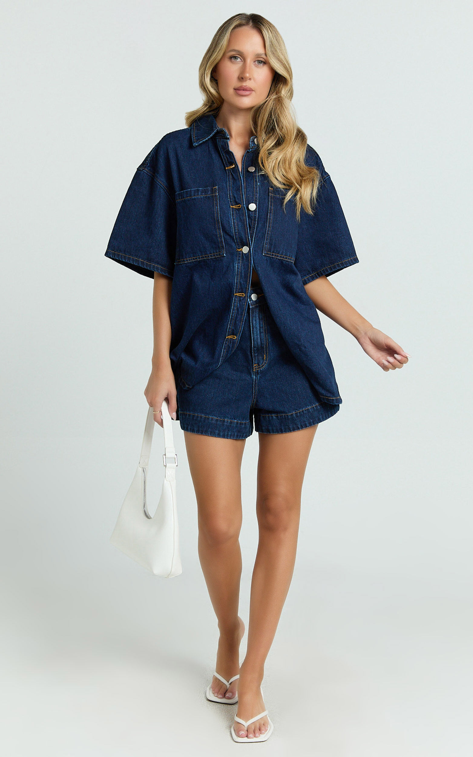 Rhianna Top - Oversized Recycled Denim Hardware Detail Short Sleeve Shirt in Indigo Wash