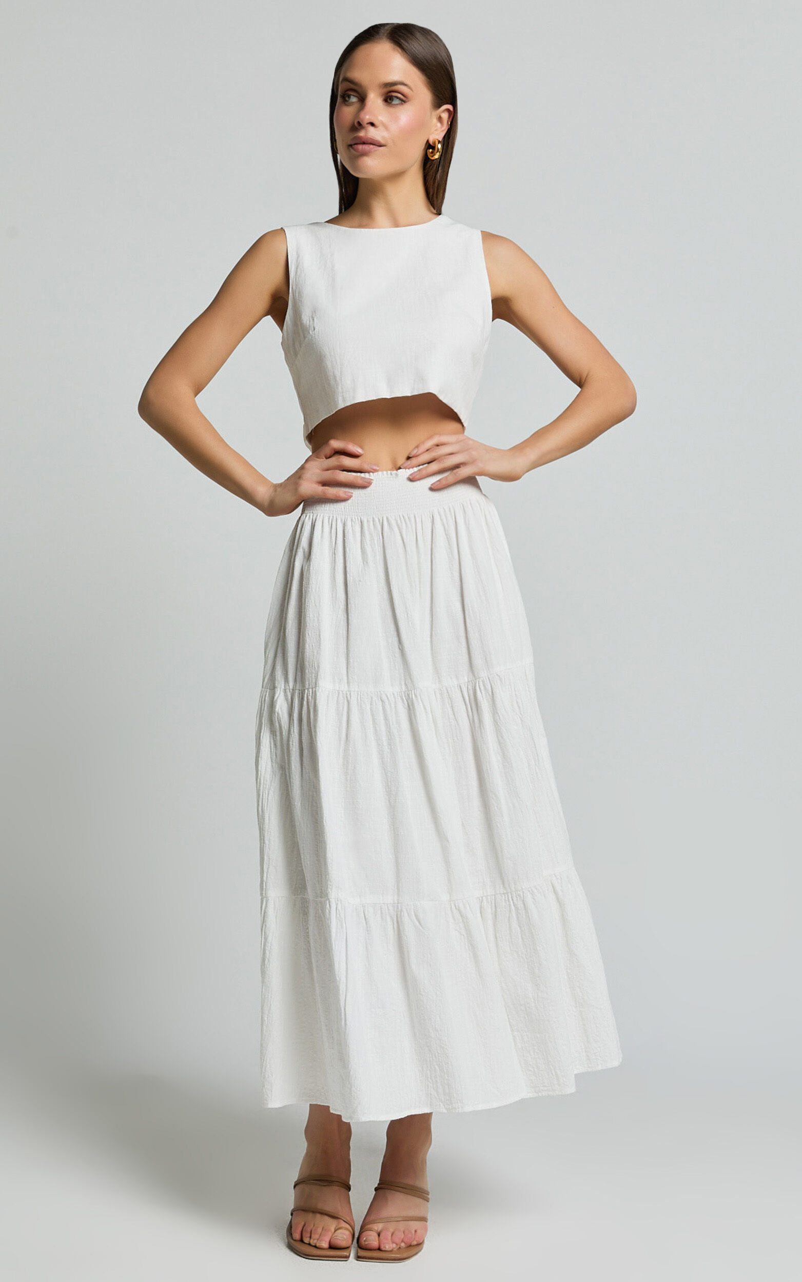 Ruby Midi Skirt - Shirred High Waist Cotton Tiered Midi Skirt in Off White