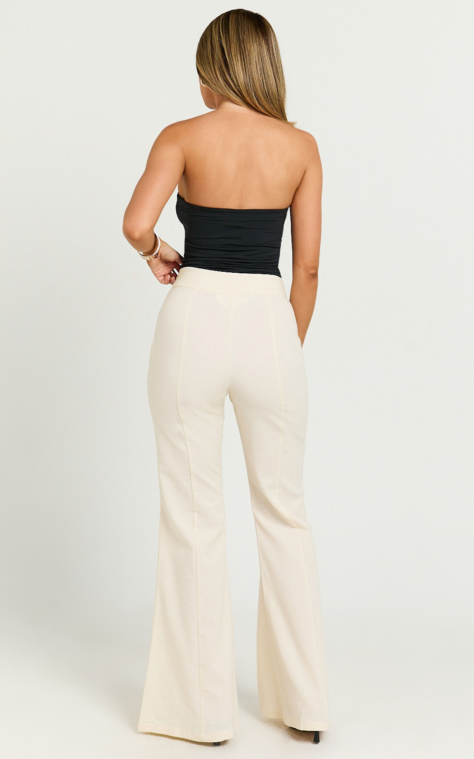 Jamir Pants - Linen Look High Waisted Fit and Flare Pants in Cream