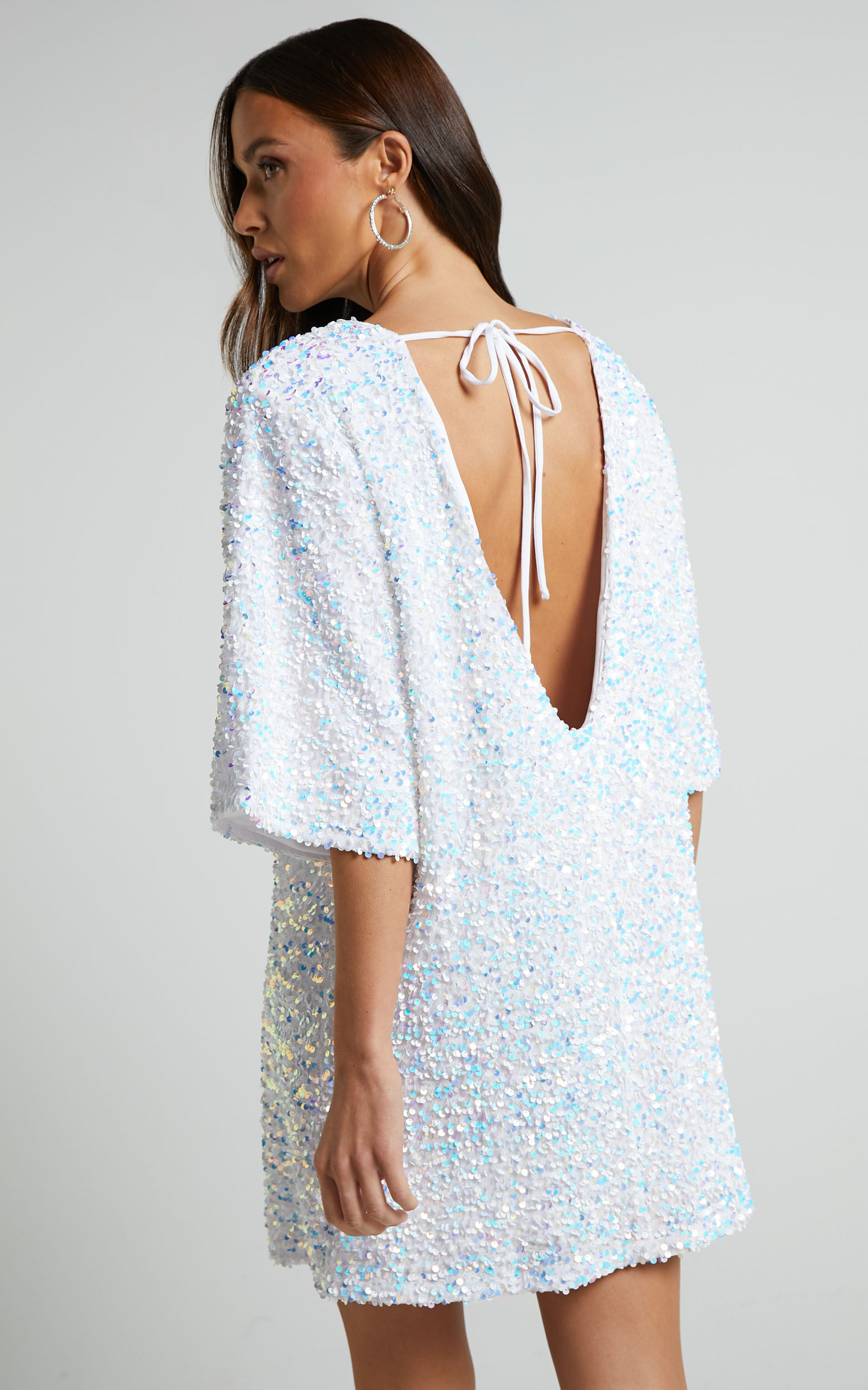 Valetta Mini Dress - Sequin low back shift dress in White