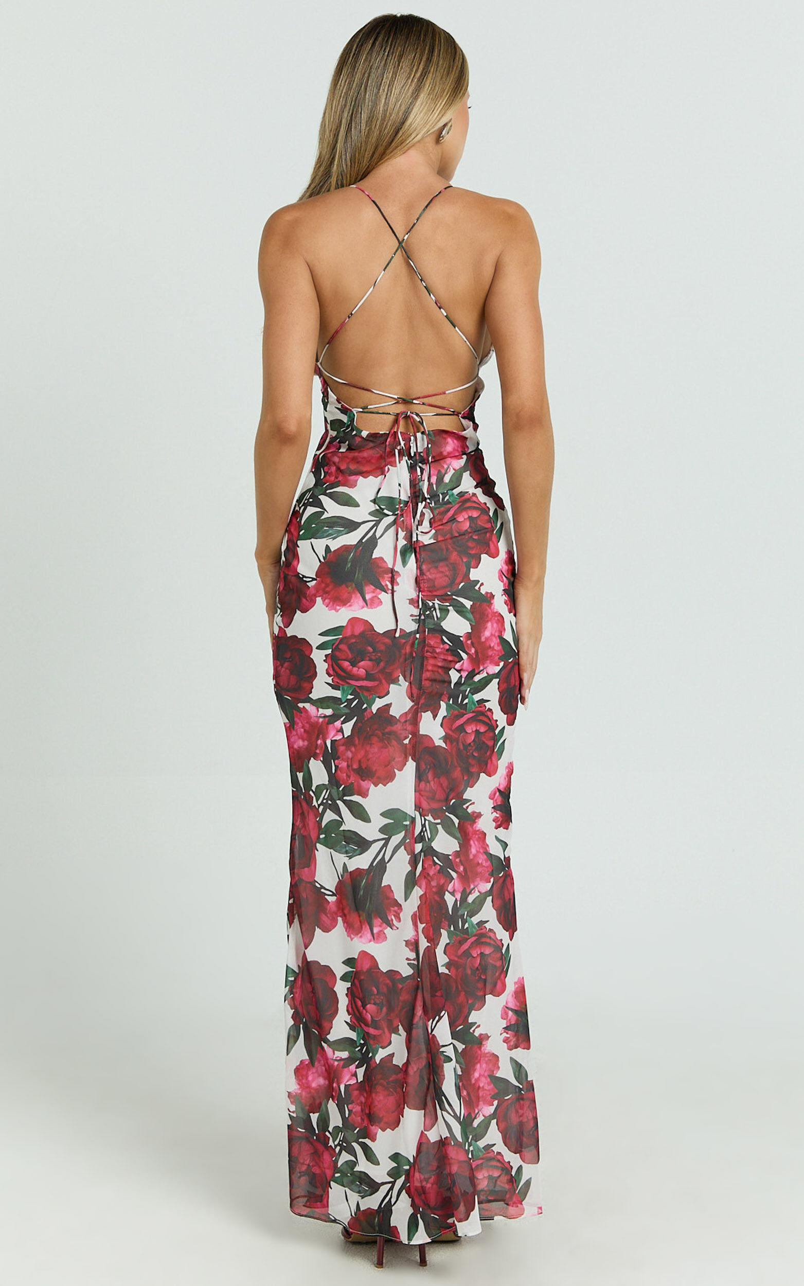 Lenny Maxi Dress - Bias Slip Lace Up Back Dress in Rose Blanca Floral
