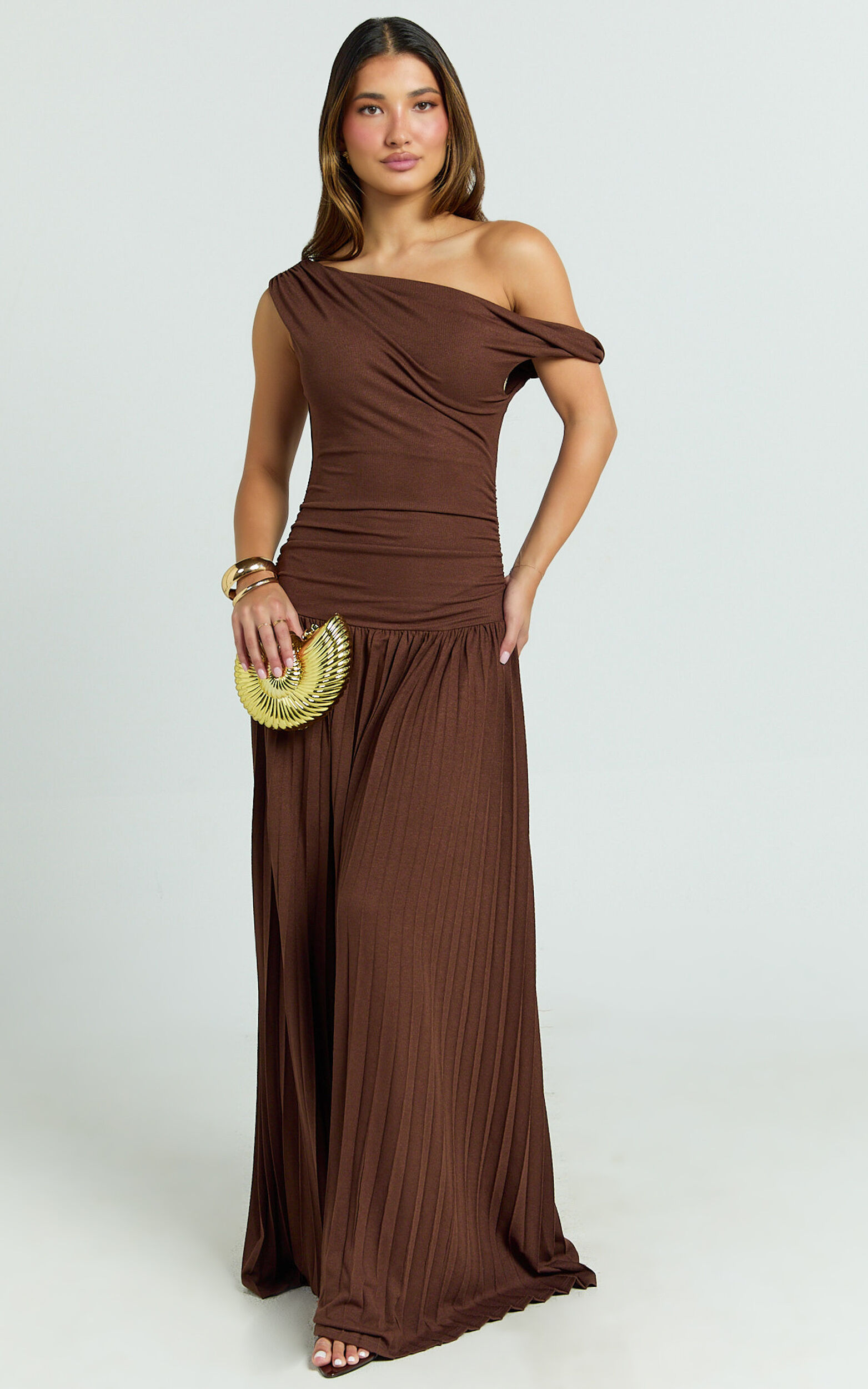 Yvonne Maxi Dress - Jersey Tip Shoulder Ruched Dress in Chocolate