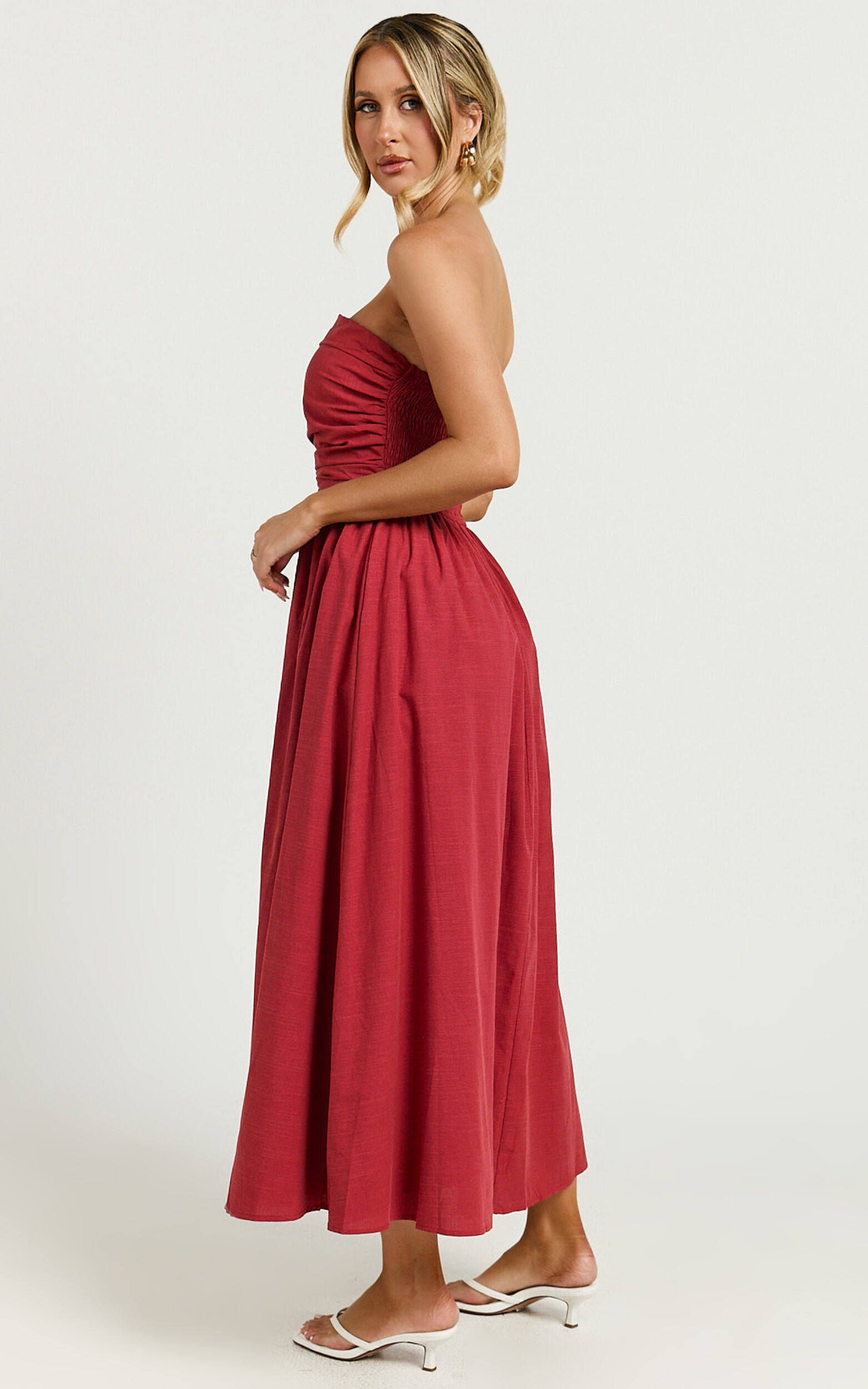 Polly Midi Dress - Strapless Ruched Dress in Red