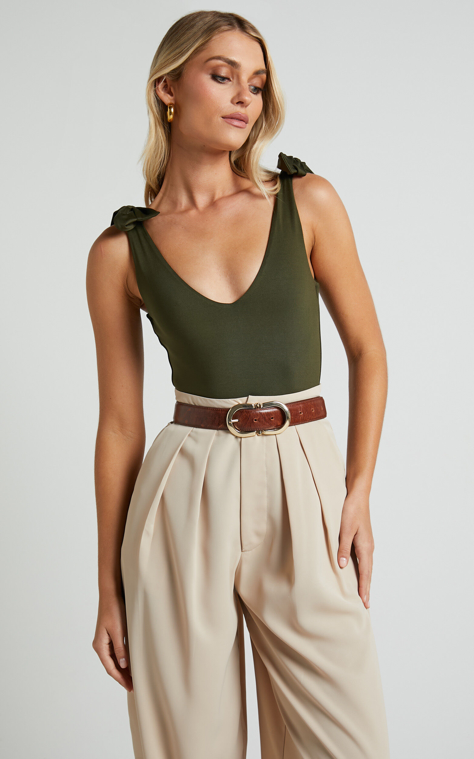 Ryley Bodysuit - V Neck Tie Up Bodysuit in Olive