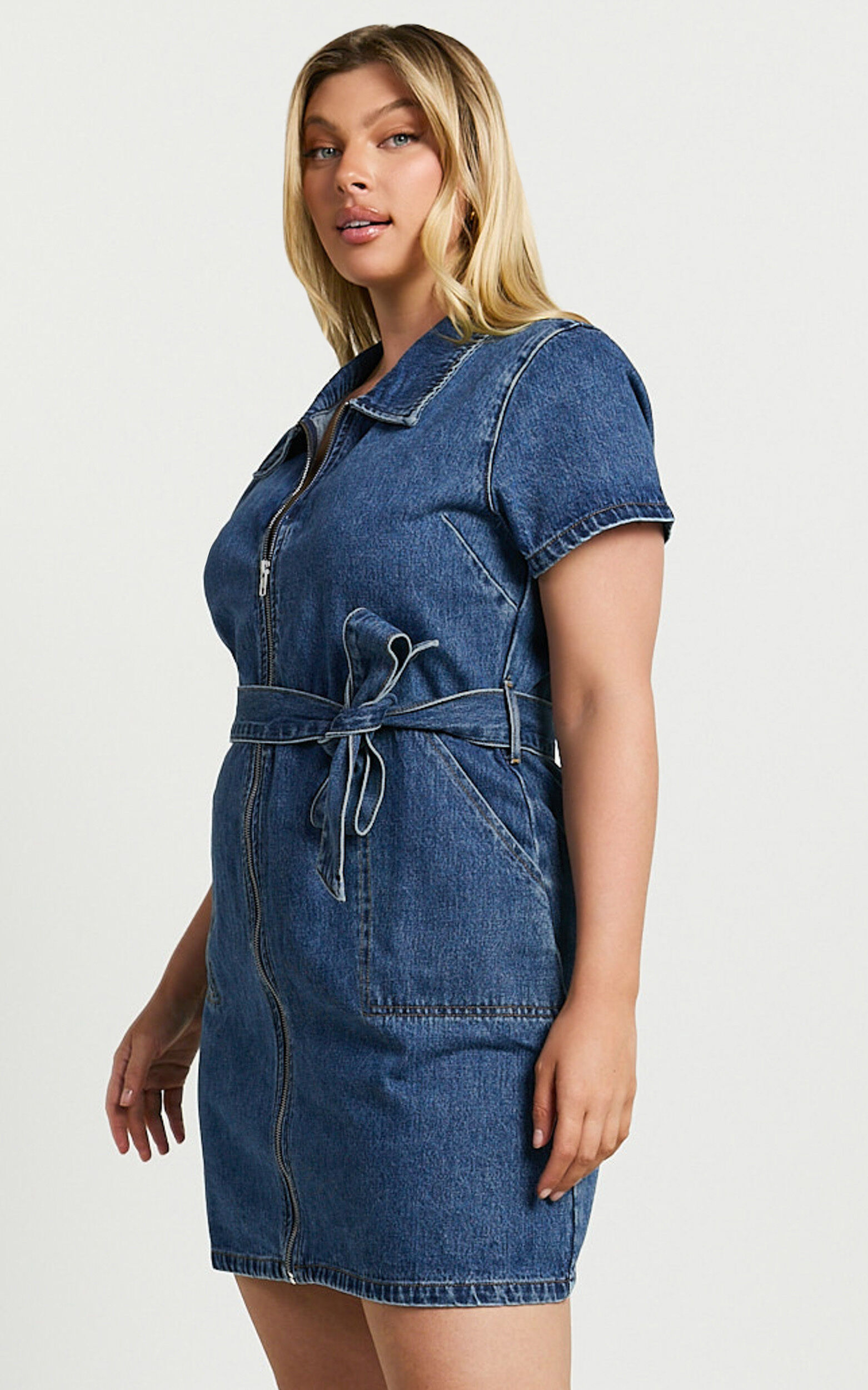 Nandini Mini Dress - Zip Through Denim Dress in Blue