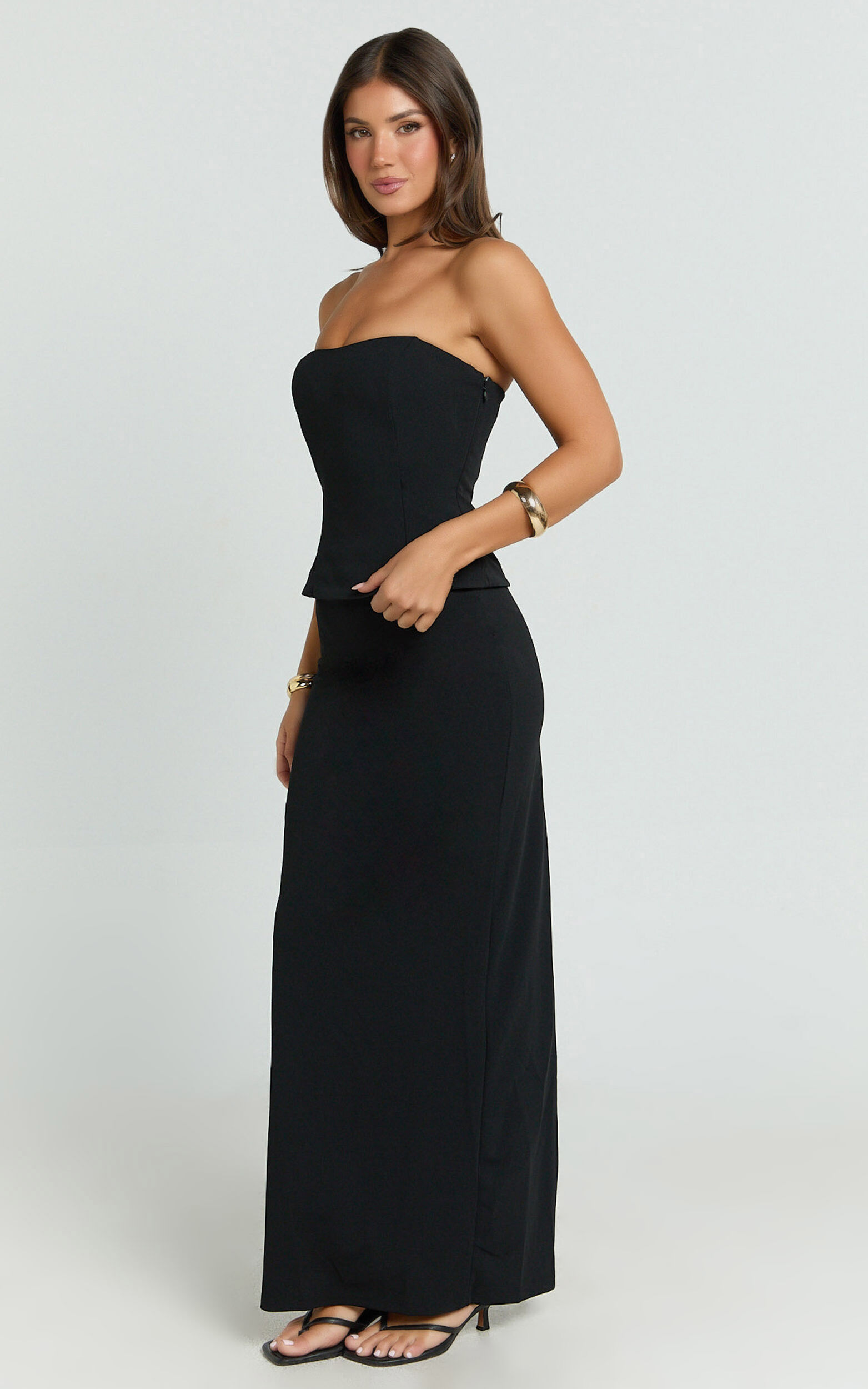 Anya Two Piece Top and Skirt Set - Strapless Fit And Flare Top And Maxi Skirt in Black
