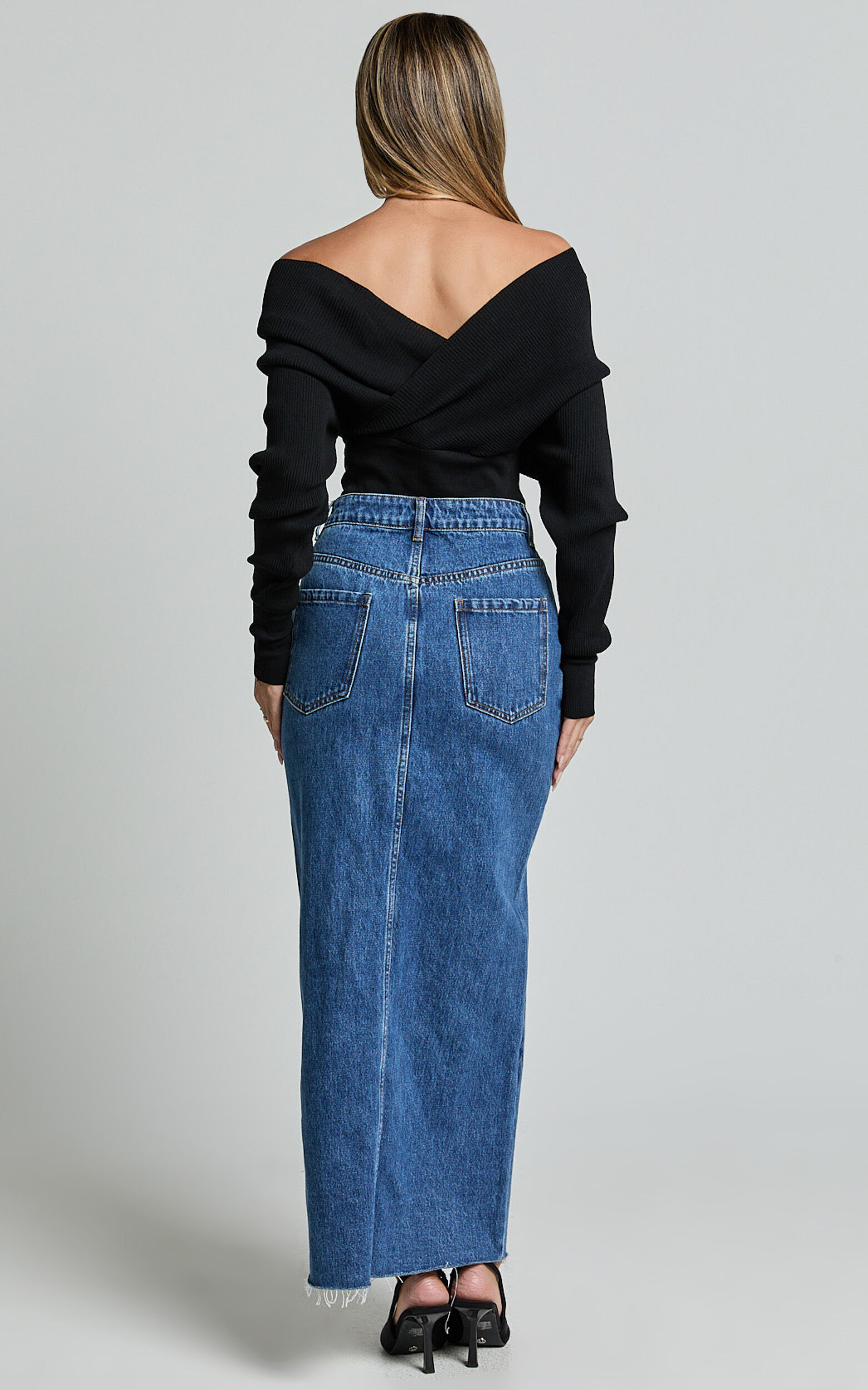 Petra Top - Long Sleeve Wrap Ribbed Knit Top in Black