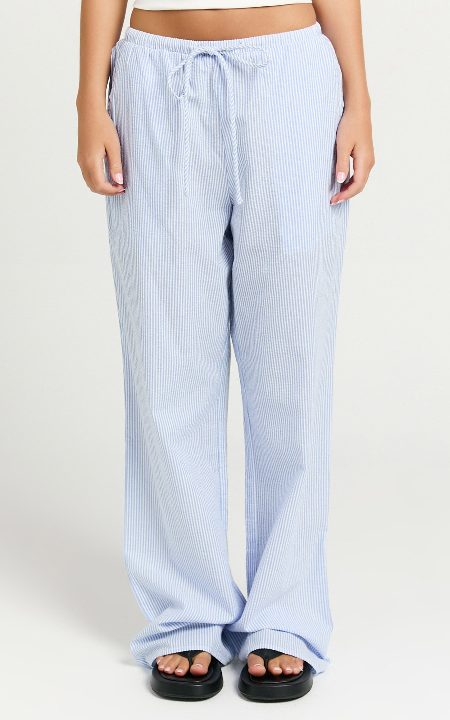 Harlo Pants - Mid Waisted Relaxed Leg Stripe Pants in Blue/ White