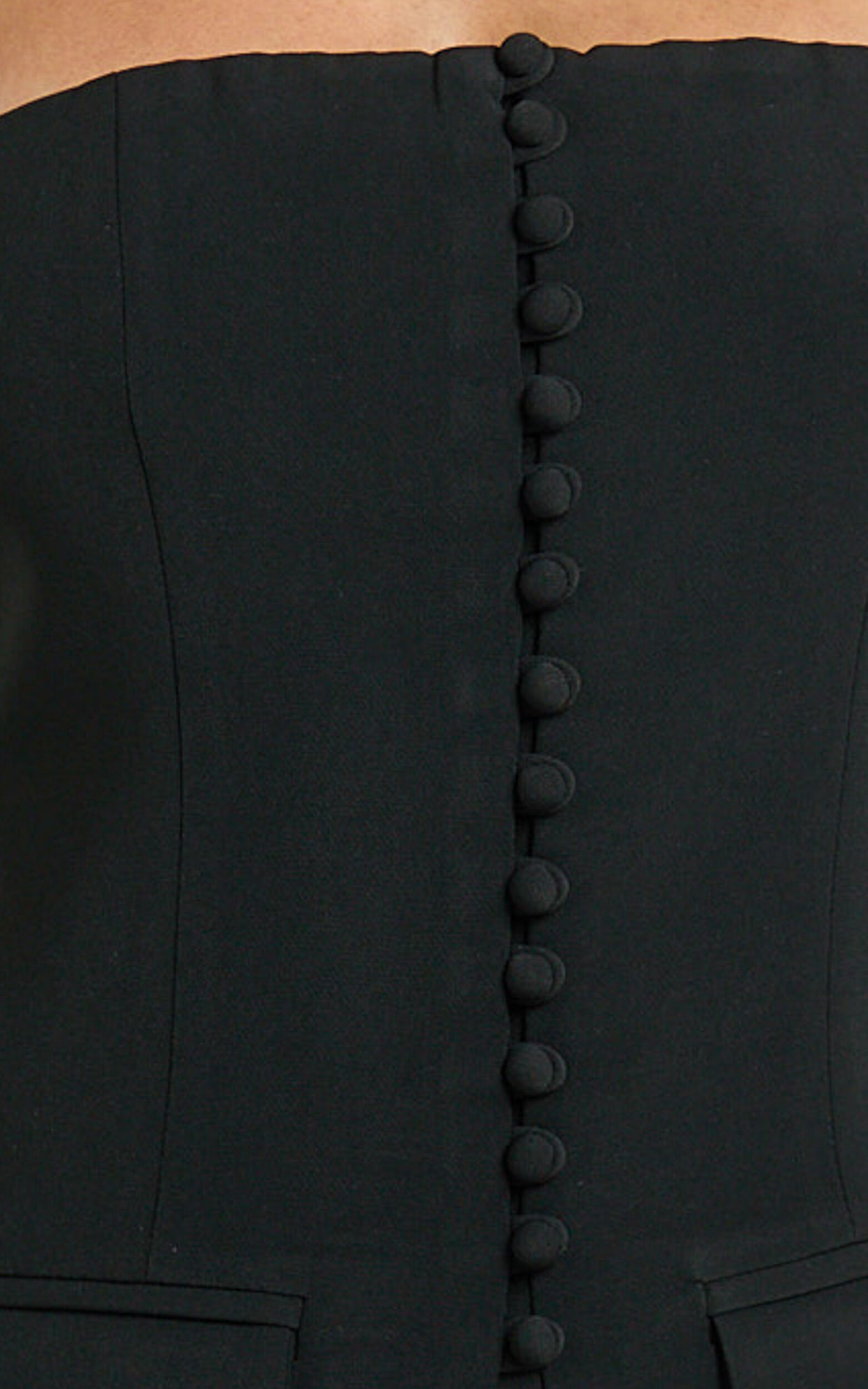 Monroe Two Piece Set - Strapless Button Down Longline Vest Top and High Waisted Mini Skirt in Black