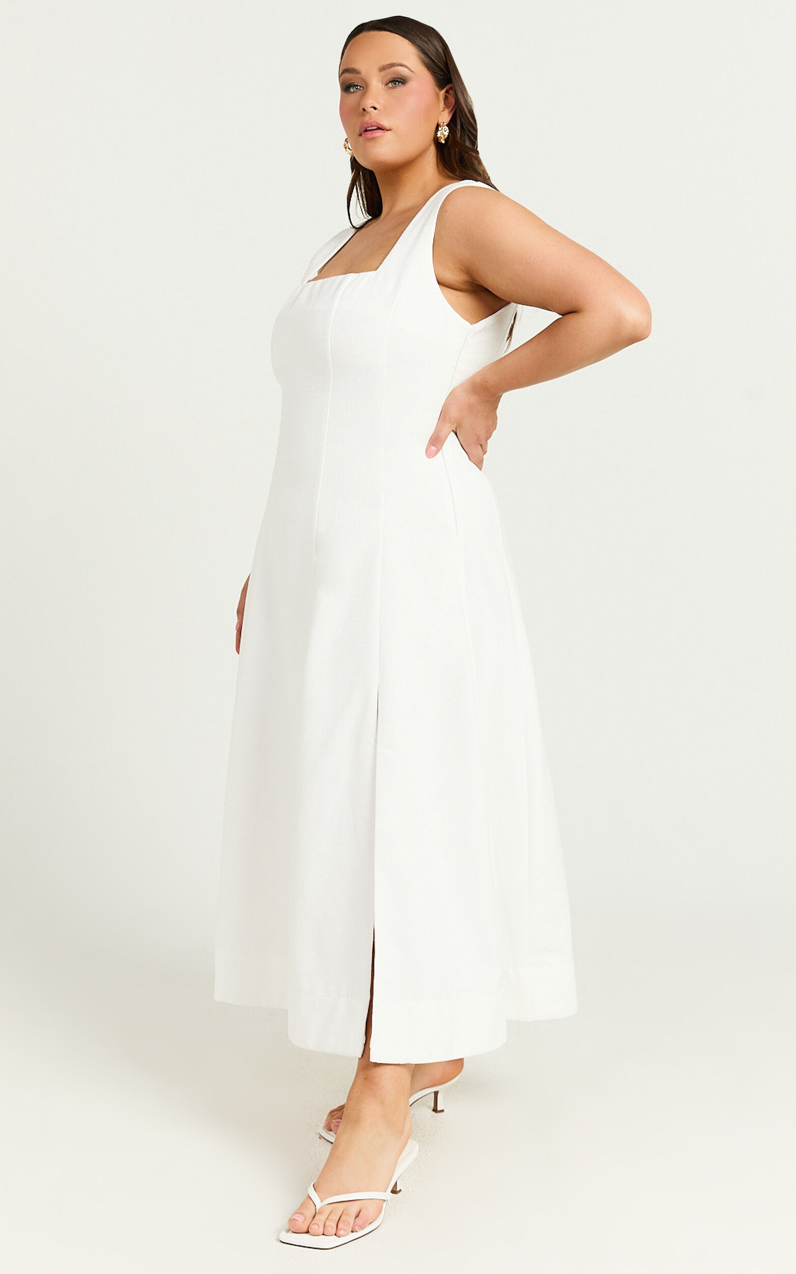 Walters Midi Dress - Square Neck Shirred Back Fit and Flare Panel Dress in White