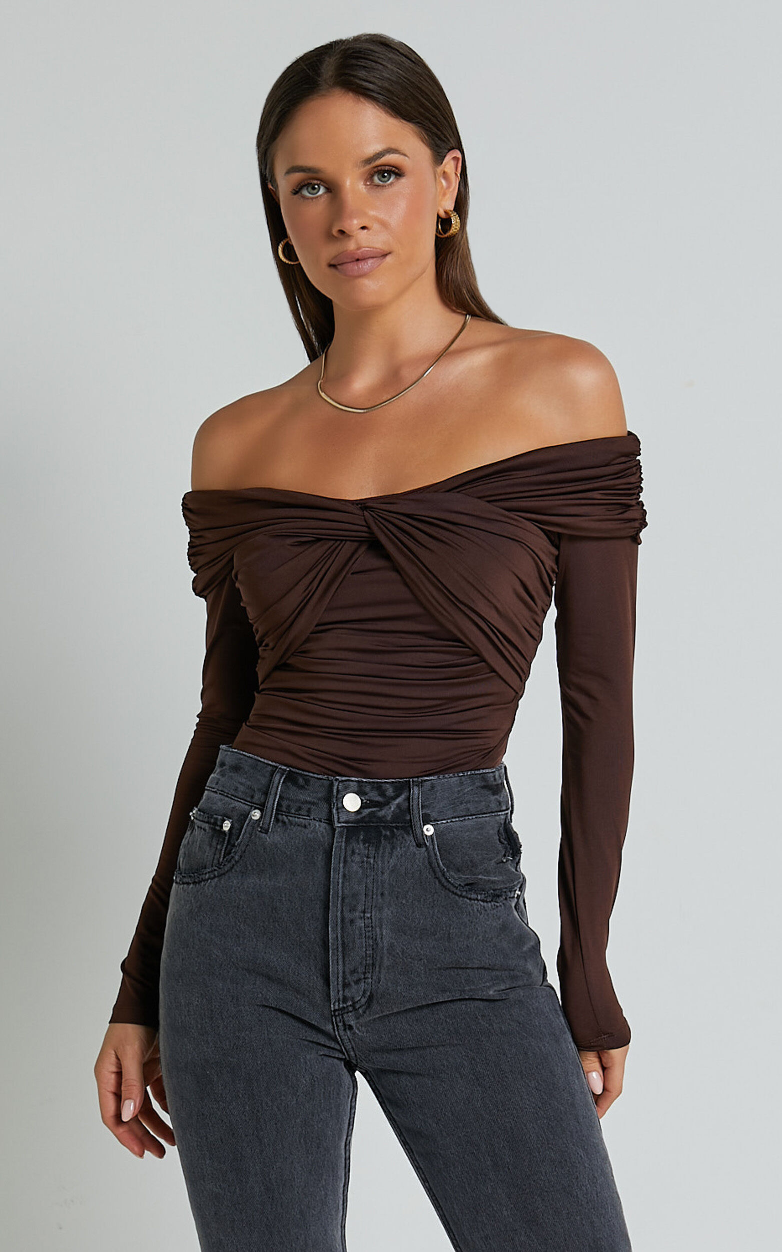 Shamaira Bodysuit - Twist Front Off Shoulder Long Sleeve in Brown