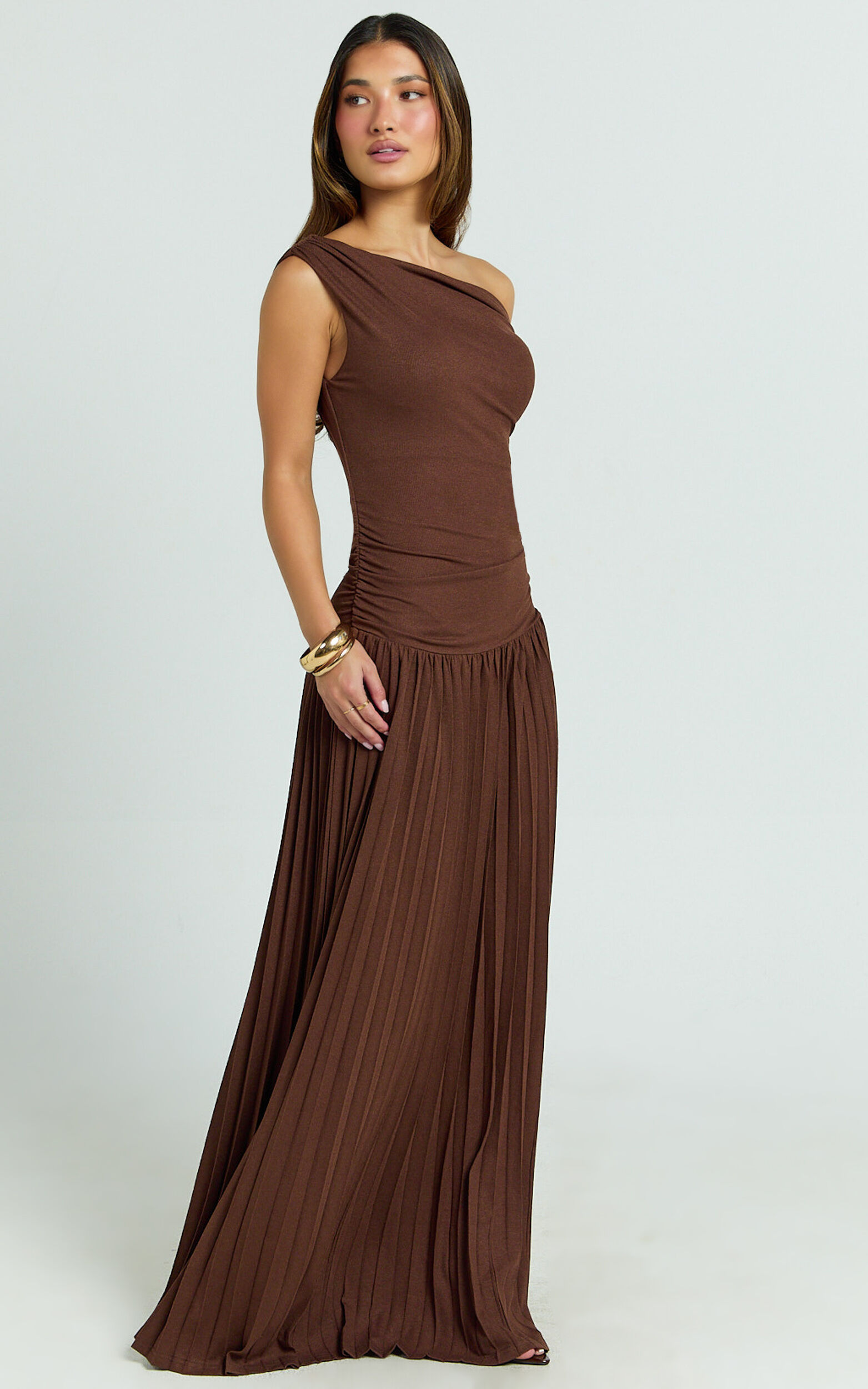 Yvonne Maxi Dress - Jersey Tip Shoulder Ruched Dress in Chocolate