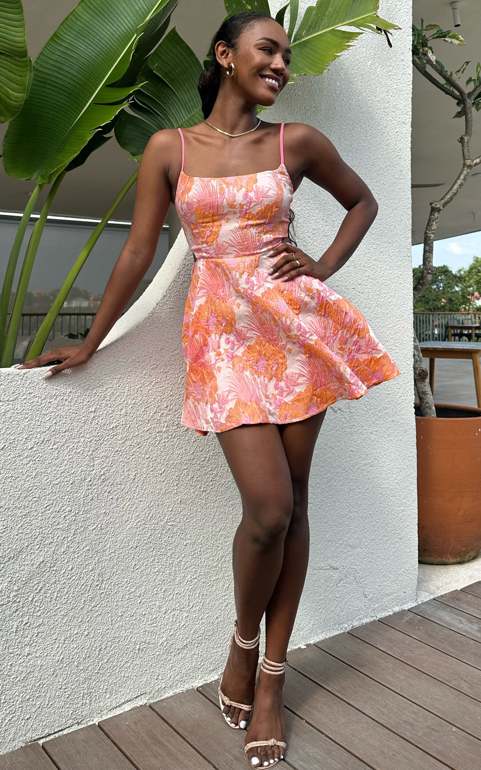 Lauraine Mini Dress - Strappy Straight Neck Back Cut Out Dress in Pink and Orange Floral