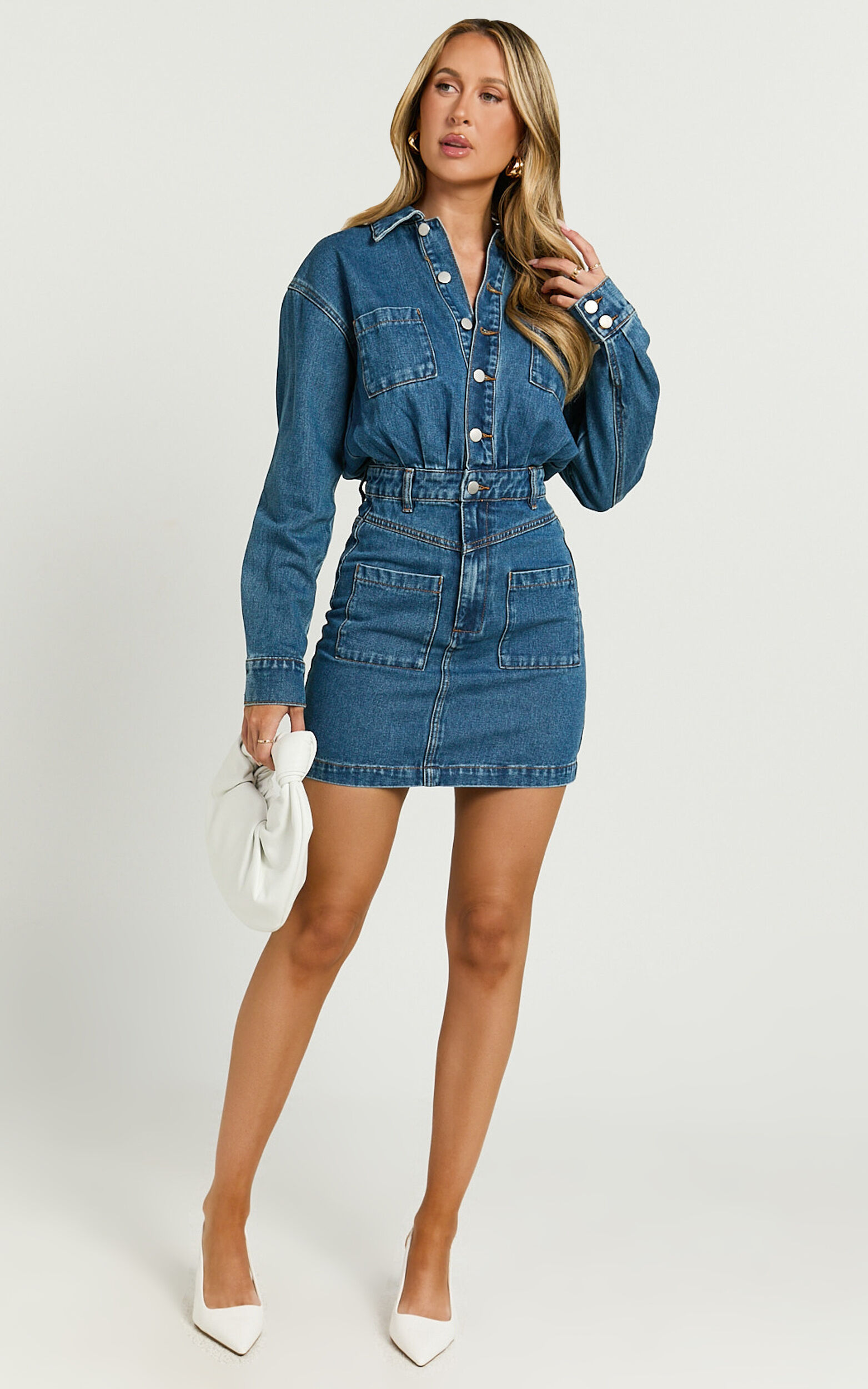 Kamala Mini Dress - Long Sleeve Button Through Denim Dress in Dark Blue Wash