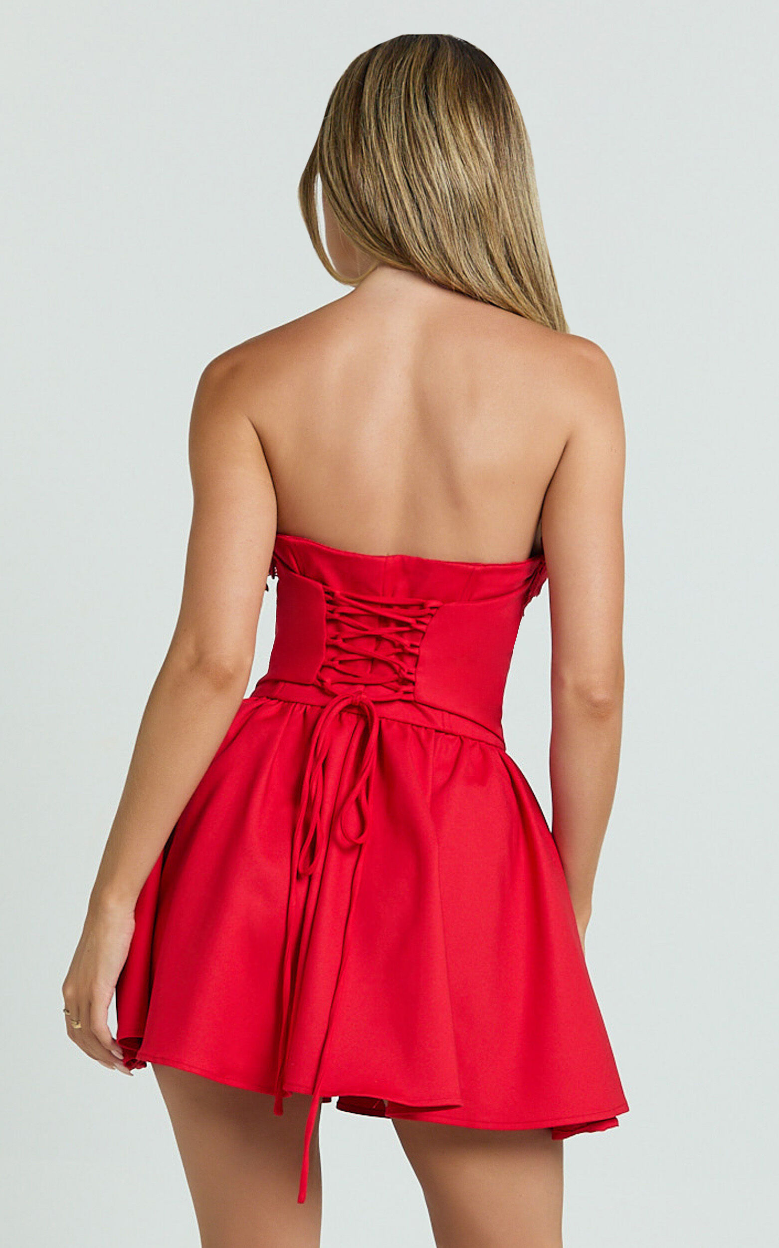 Brooke Mini Dress - Strapless Lace Trim Drop Waist Fit And Flare Dress in Red