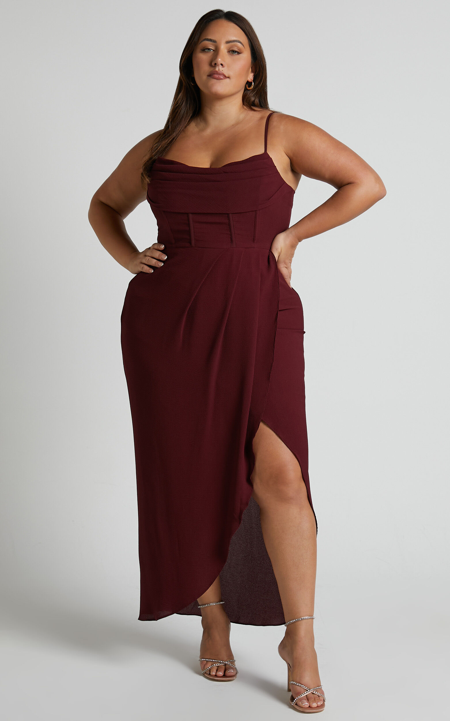 Andrina Midi Dress - High Low Wrap Corset Dress in Wine
