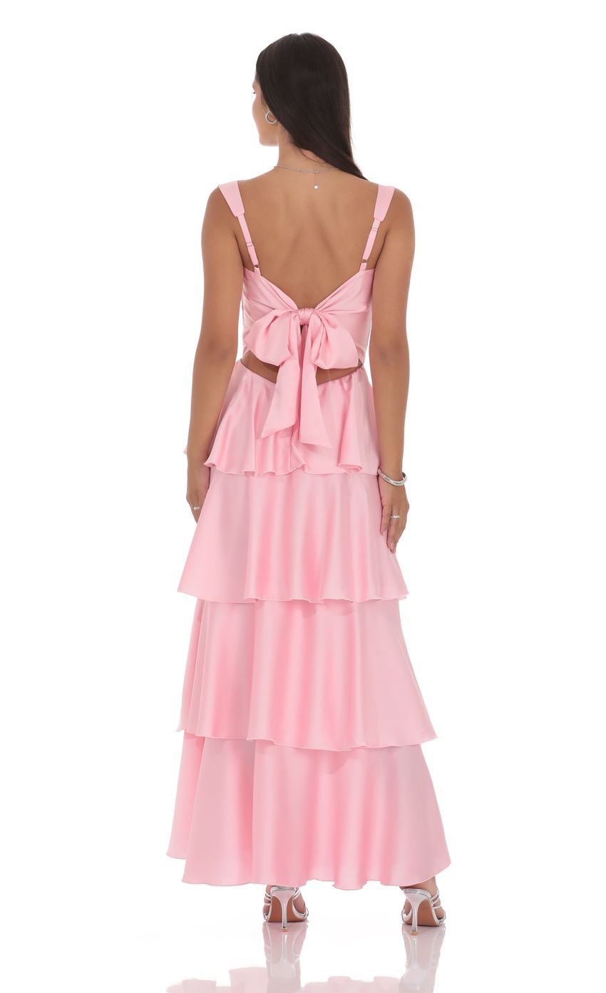 Satin Ruffle Maxi Dress in Pink