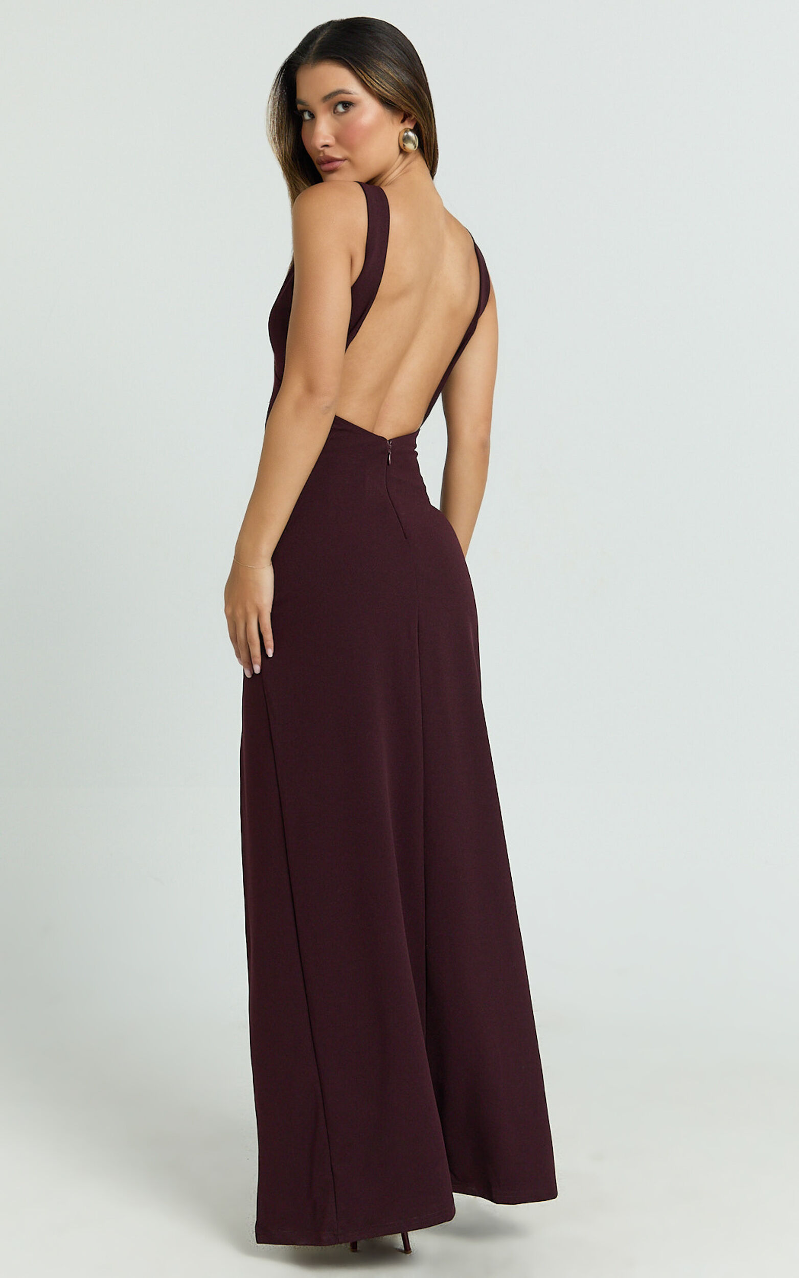 Raya Maxi Dress - Deep V Neck Low Back Bodycon Dress in Wine