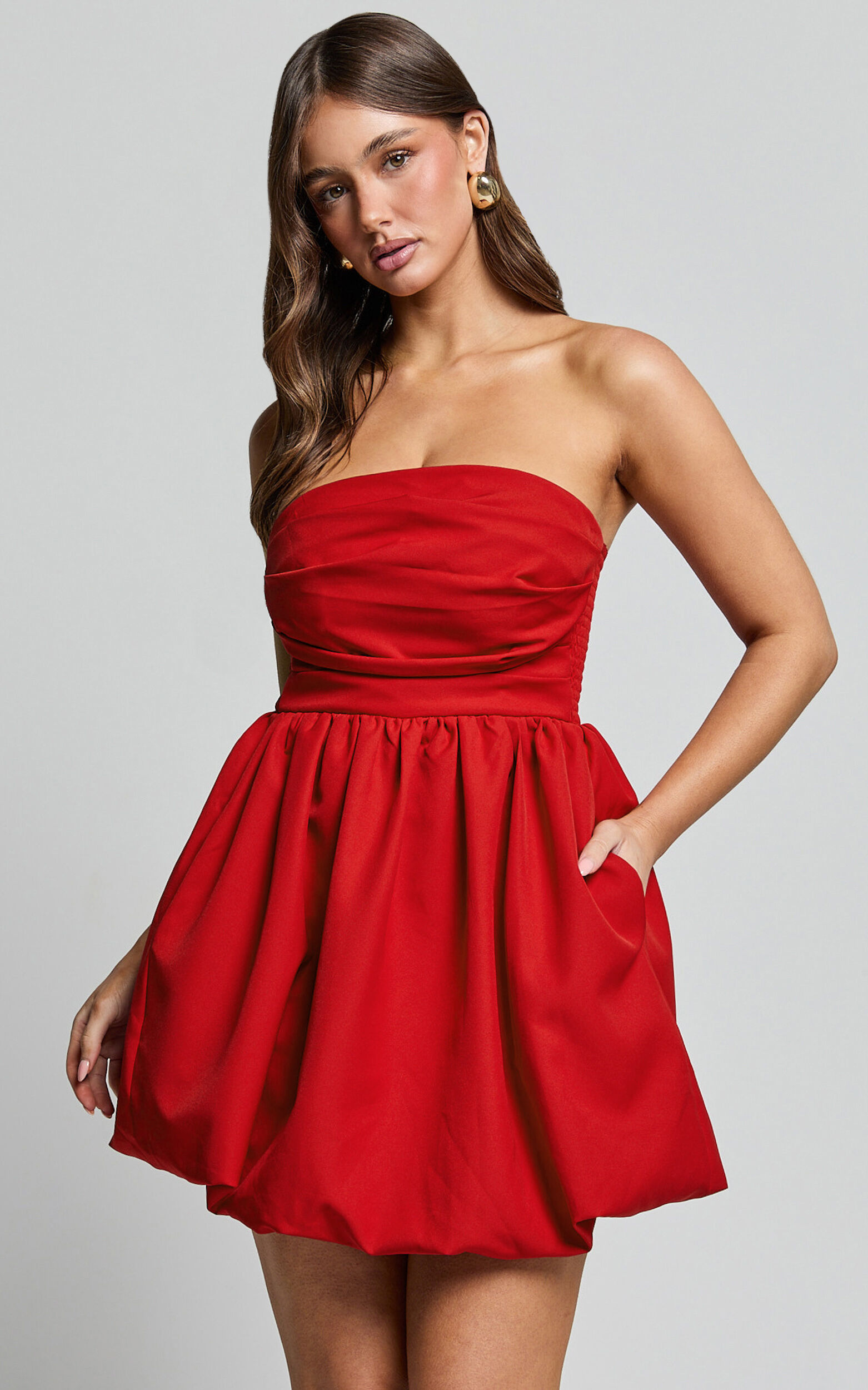 Shaima Mini Dress - Strapless Bubble Hem Dress in Red