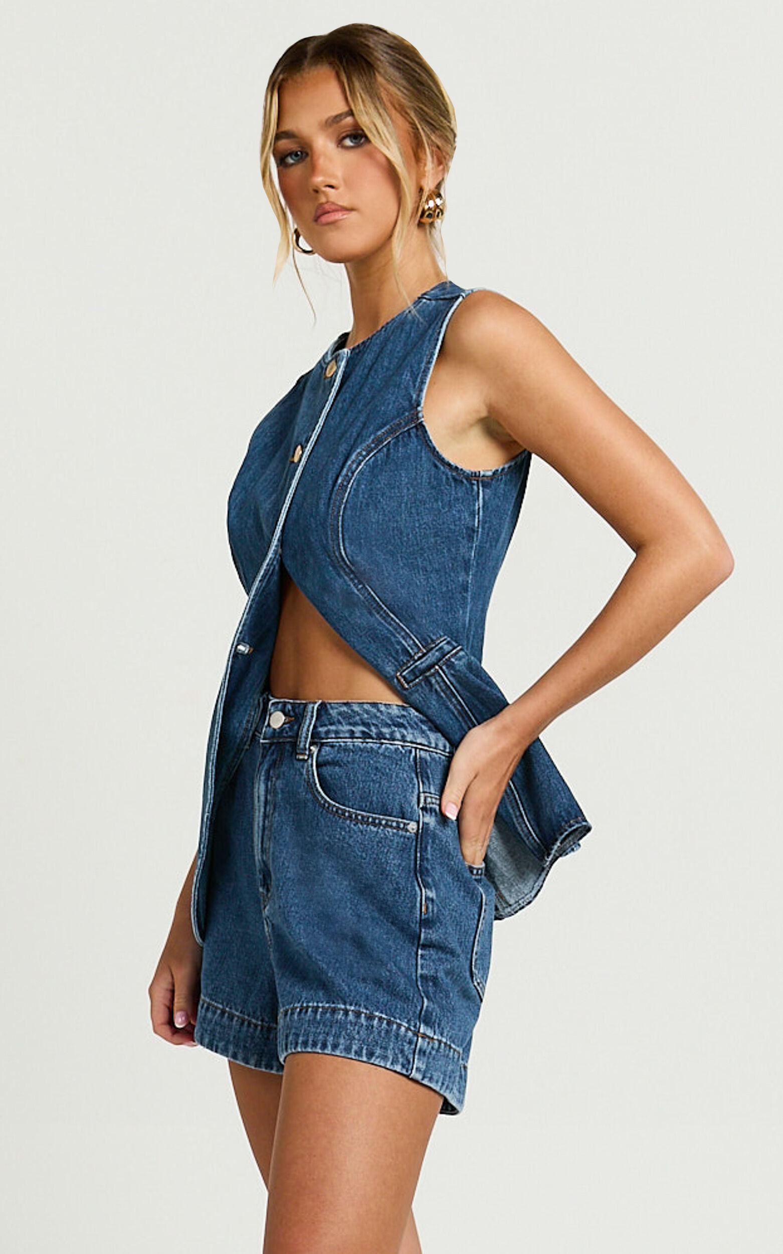 Rhianna Shorts - Mid Waist Recycled Denim Shorts in Dark Blue Wash