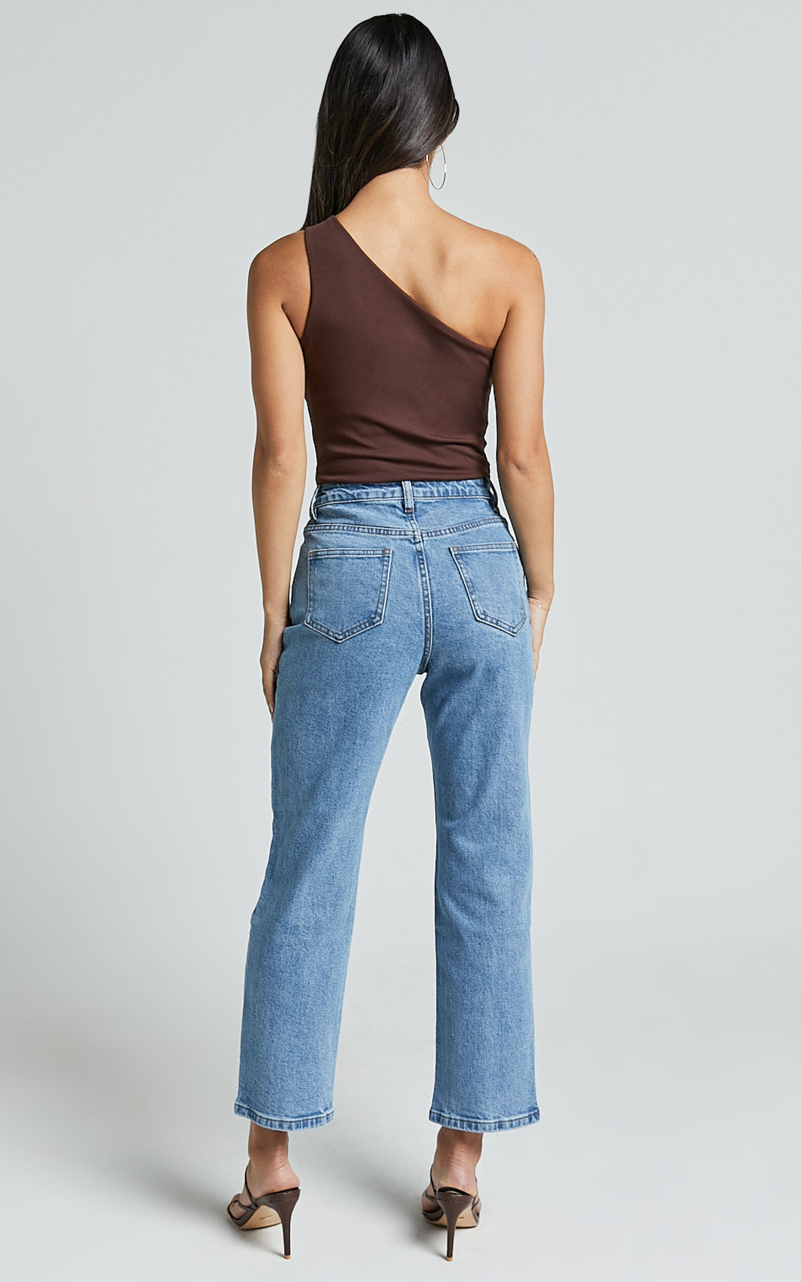 Chandler Jeans - High Waisted Crop Straight Jeans in Mid Blue Wash