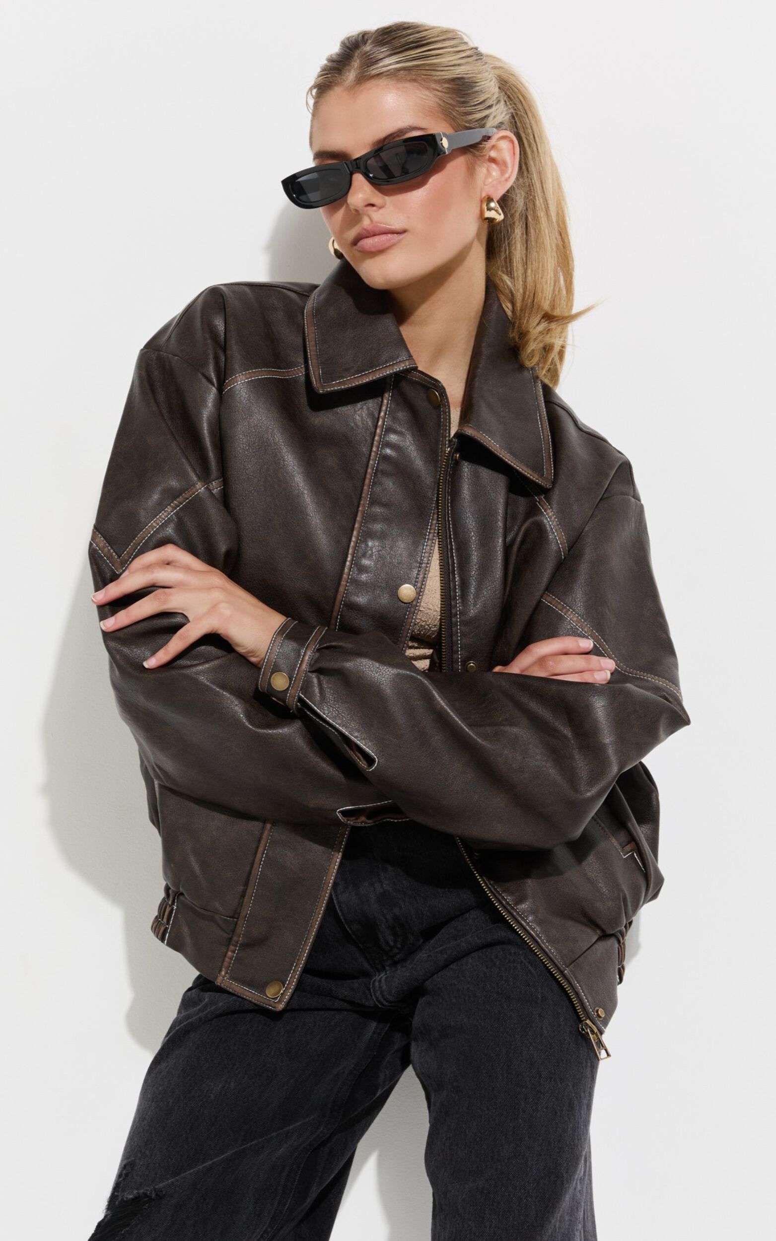 Gail Jacket - Faux Leather Bomber Jacket in Washed Brown