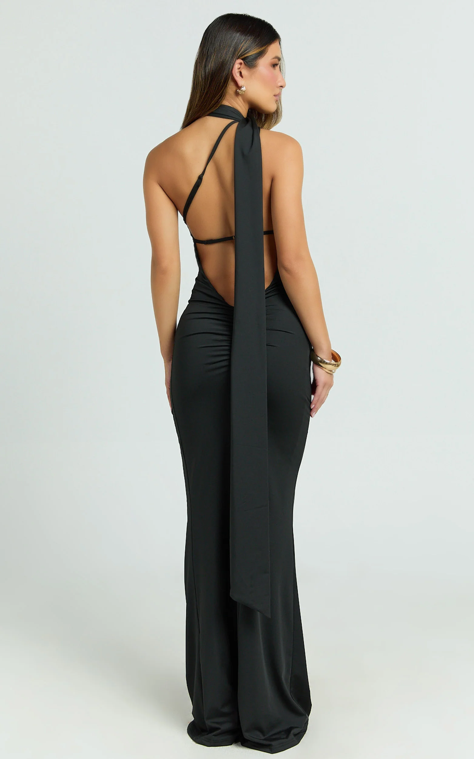 Seraphine Maxi Dress - Halter Neck Low Back Fit And Flare Dress in Black
