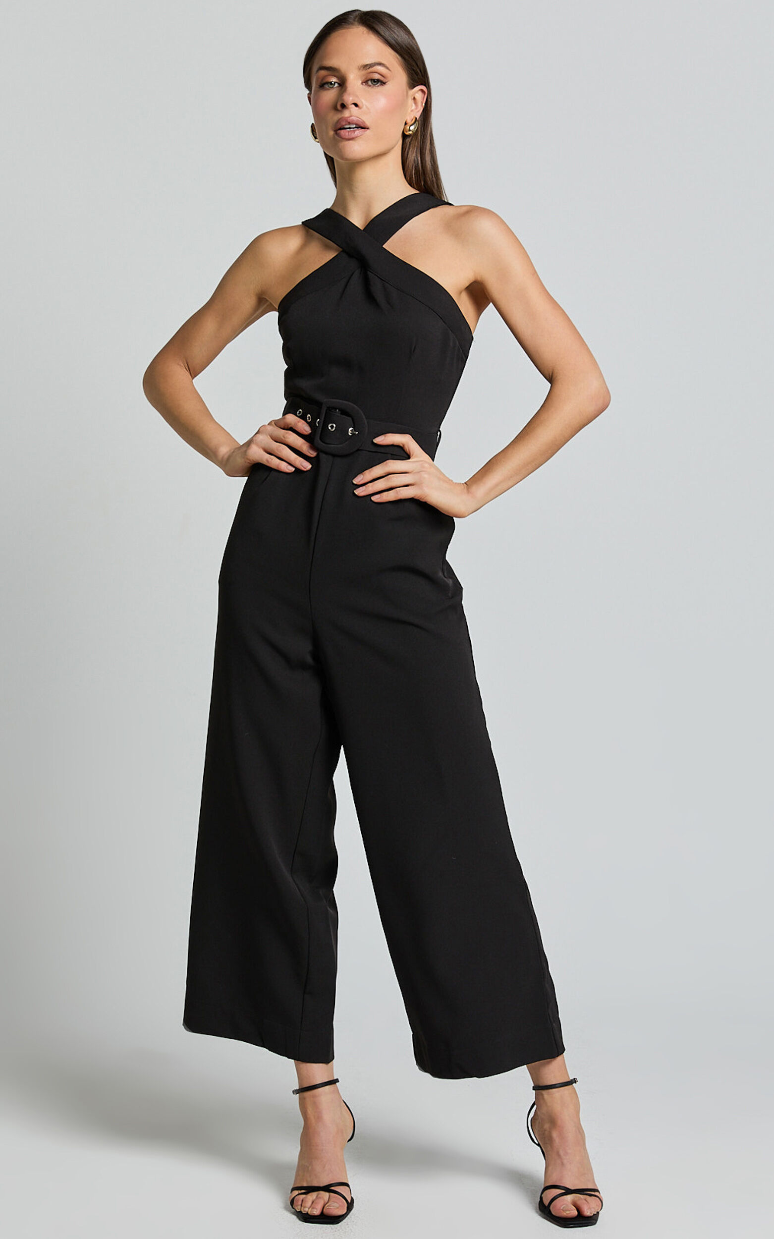 Tracy Jumpsuit - Diamond Neck Belted Straight Leg Jumpsuit in Black