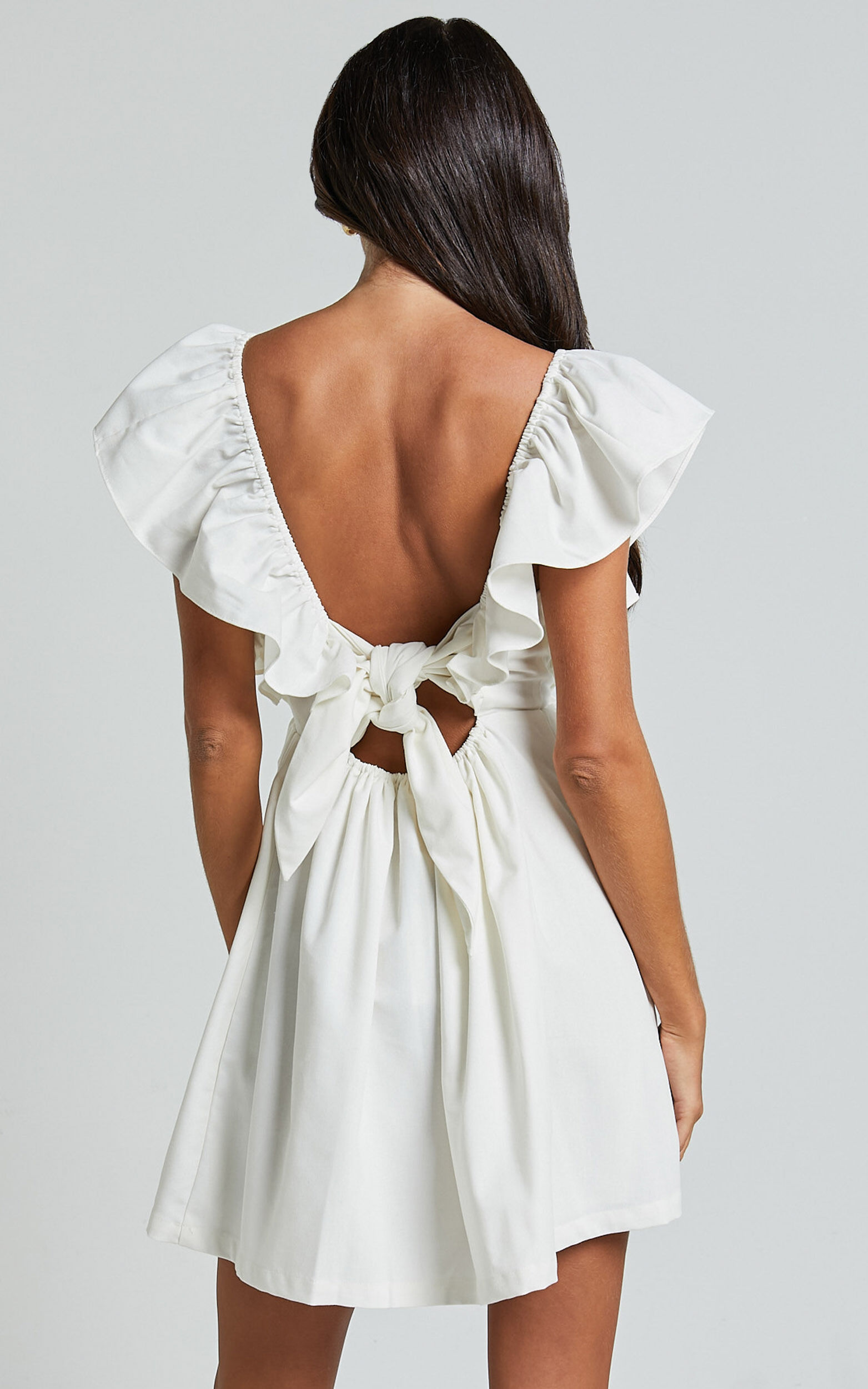 Raiza Mini Dress - Ruffle Sleeve Tie Back Plunge Dress in Off White